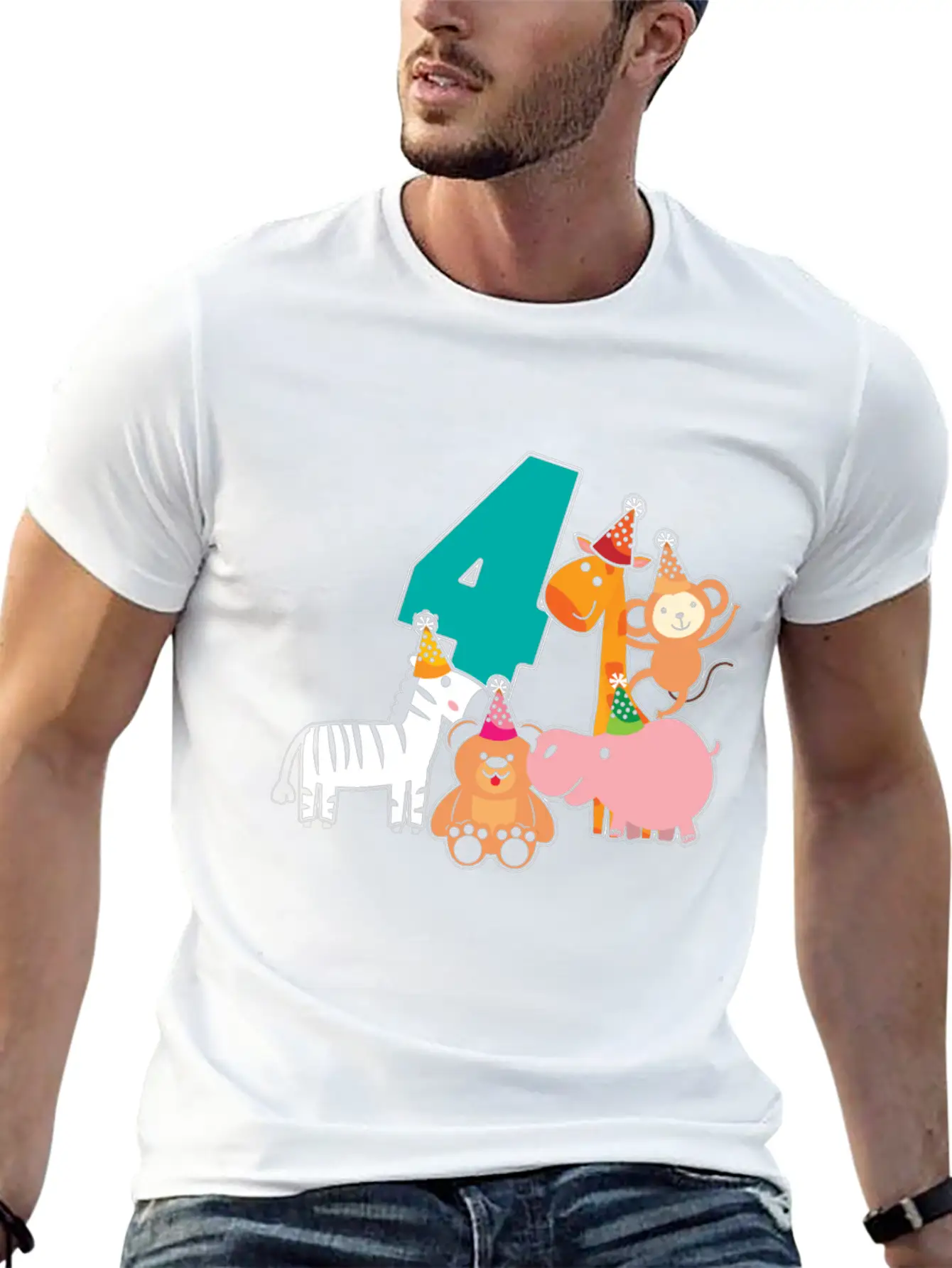 4th Birthday 4 Years Jungle Animals Safari Casual Graphic T-Shirt – Simple And Comfortable Daily Wear