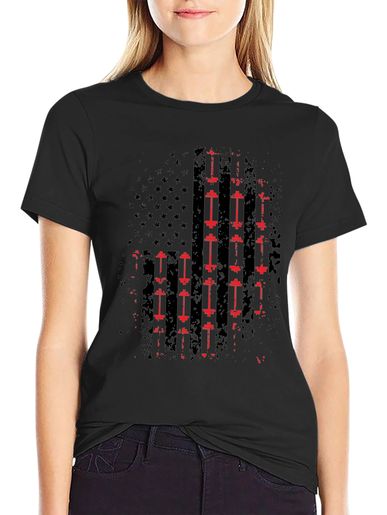 American Flag Barbell T-Shirt - Patriotic Gym Wear