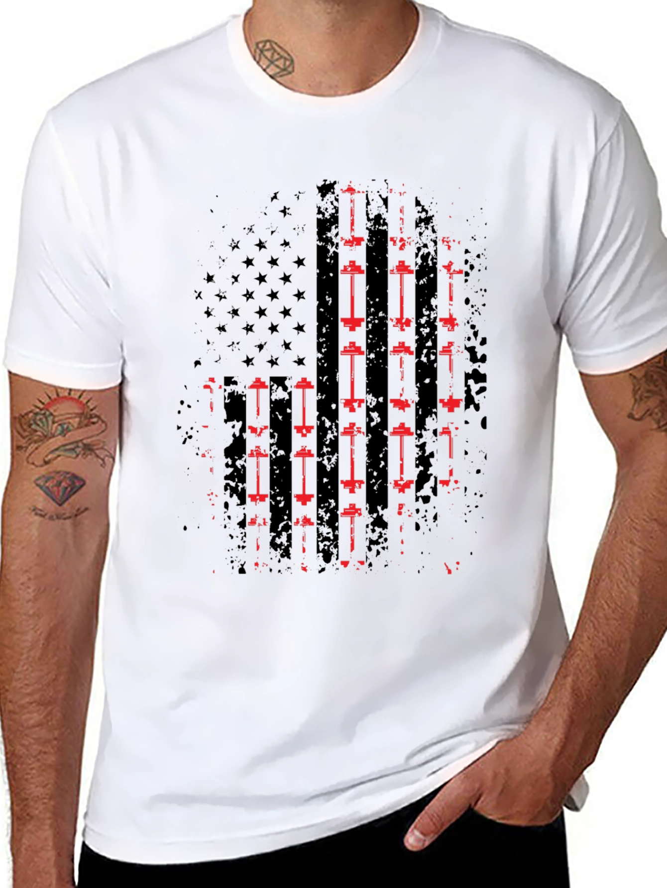 American Flag Barbell T-Shirt - Patriotic Gym Wear