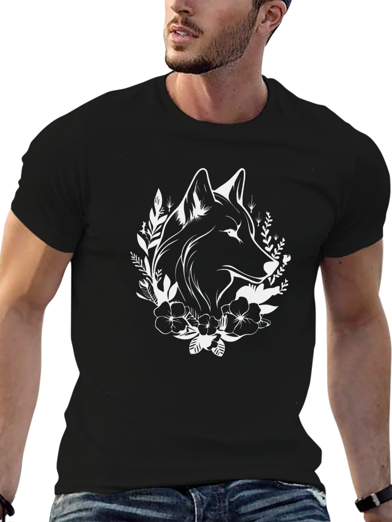 Wolf Floral Graphic Tee - Black