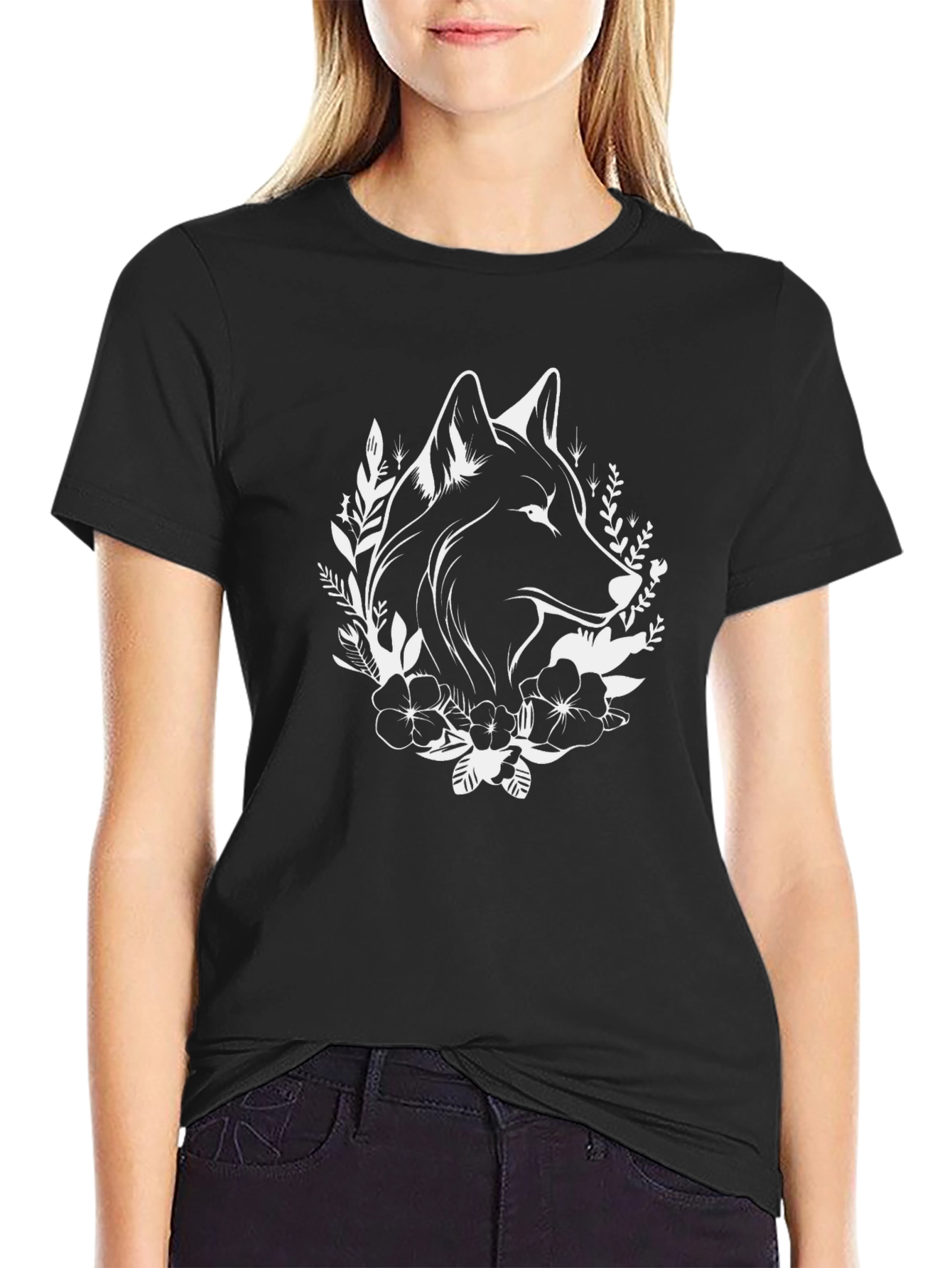 Wolf Floral Graphic Tee - Black