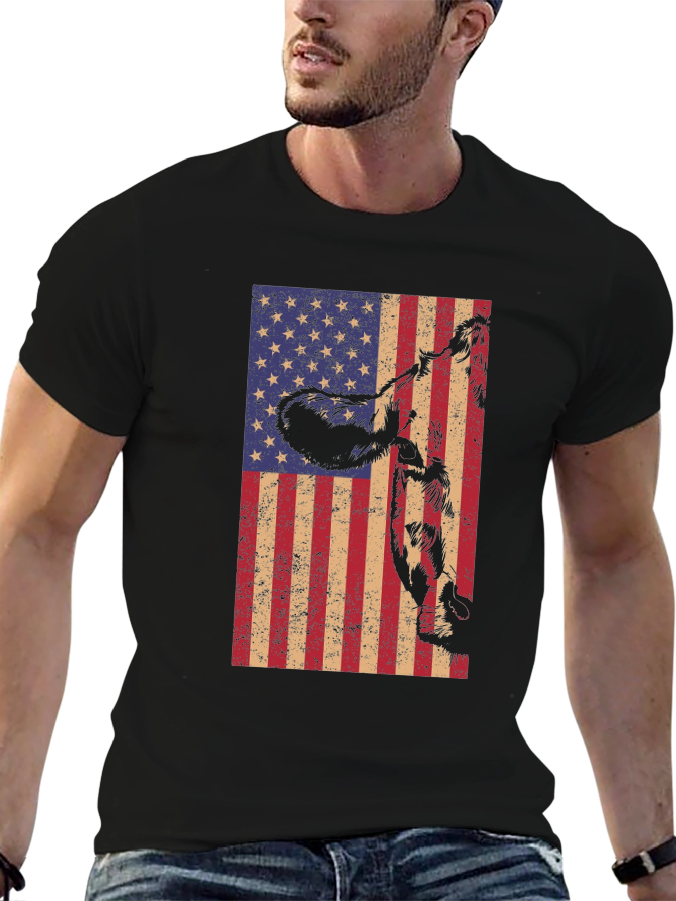 American Flag Cow Graphic Tee - Patriotic Black T-Shirt