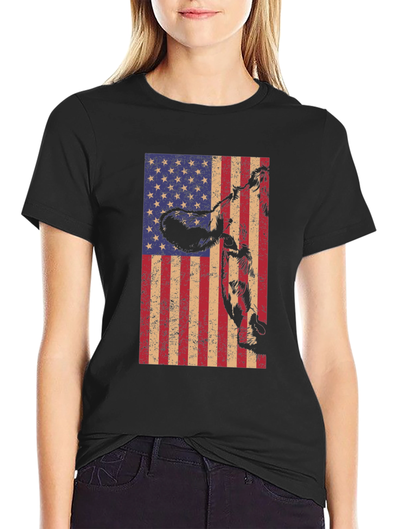 American Flag Cow Graphic Tee - Patriotic Black T-Shirt