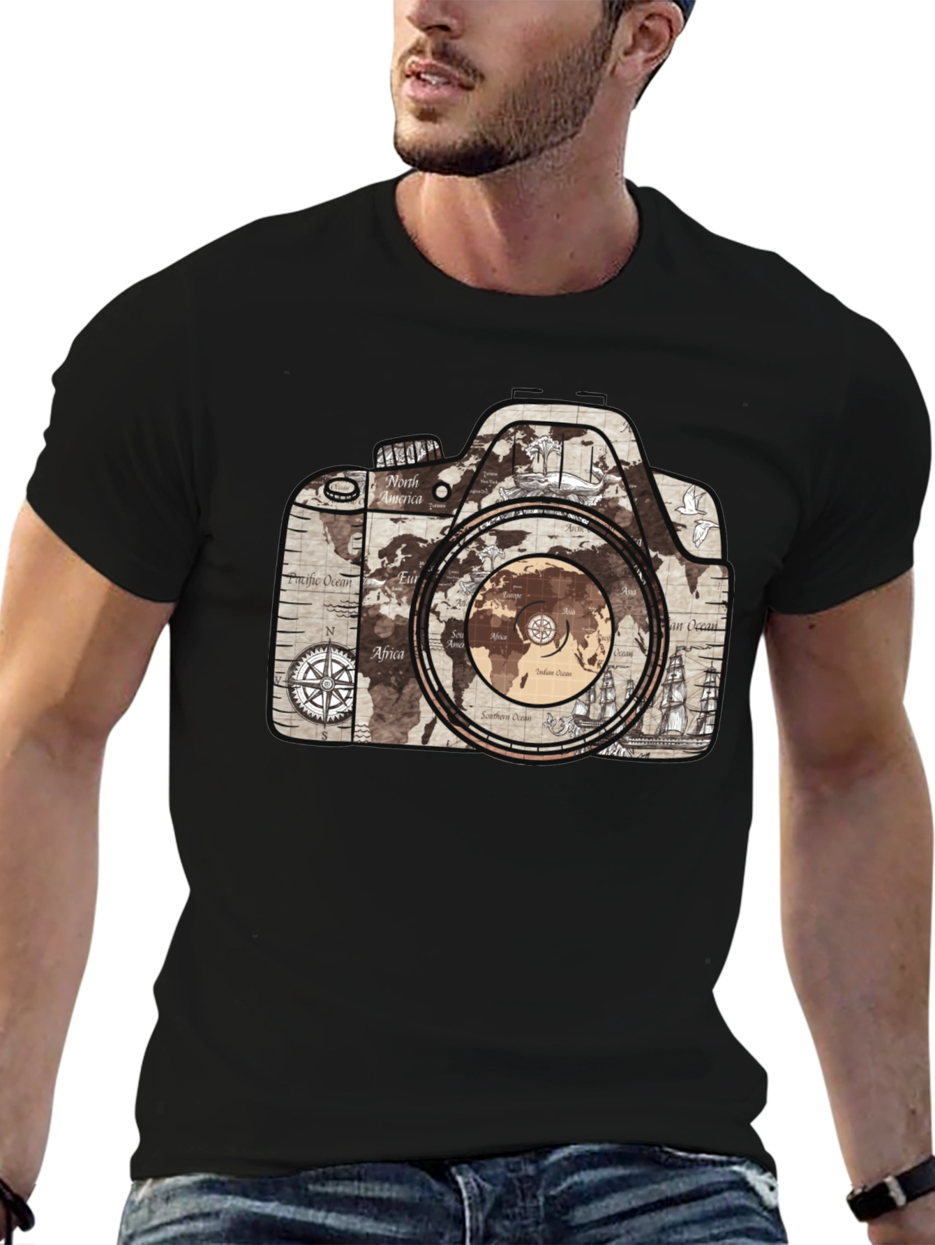 World Map Camera Graphic T-Shirt - Wanderlust Tee