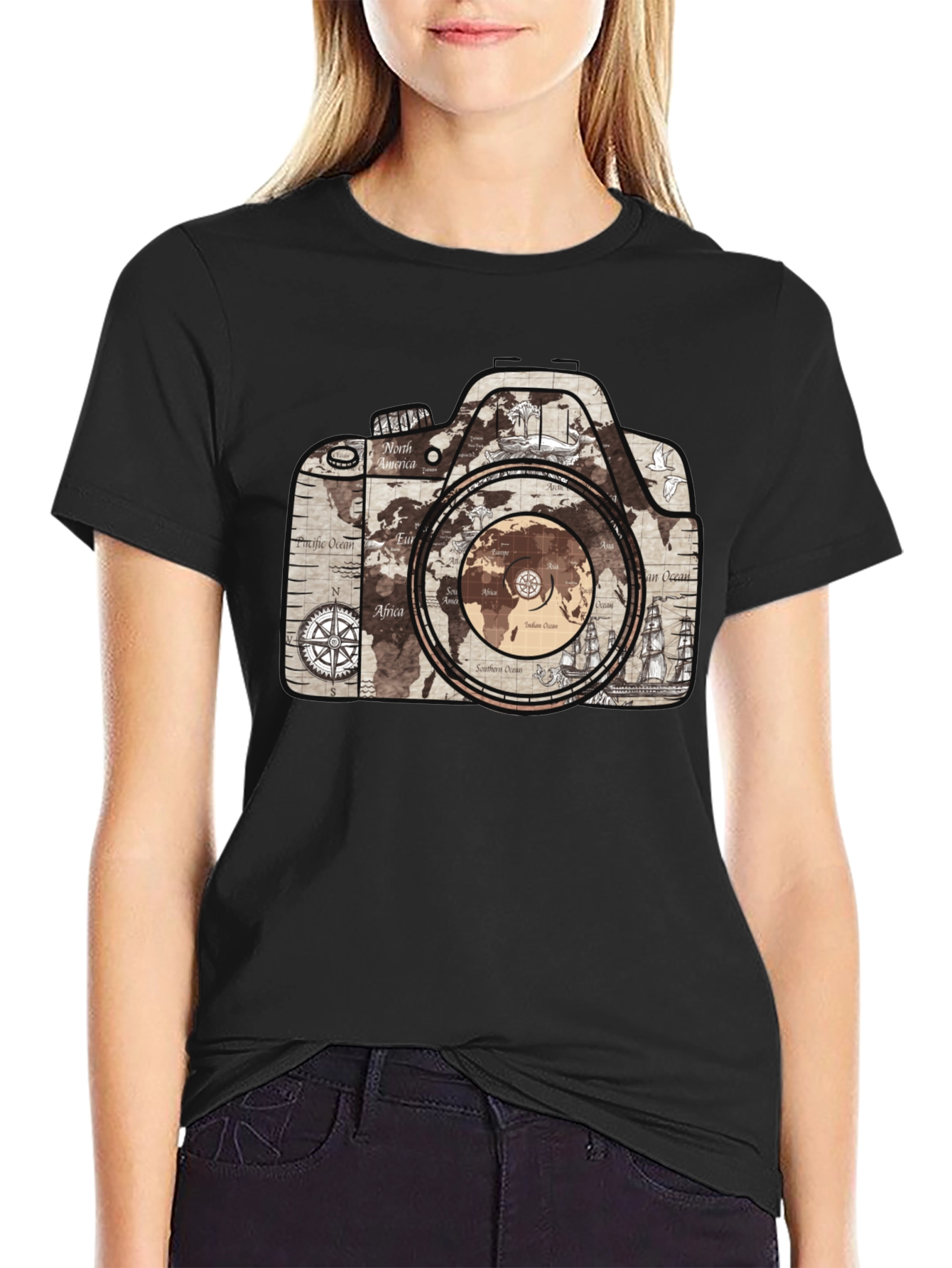 World Map Camera Graphic T-Shirt - Wanderlust Tee