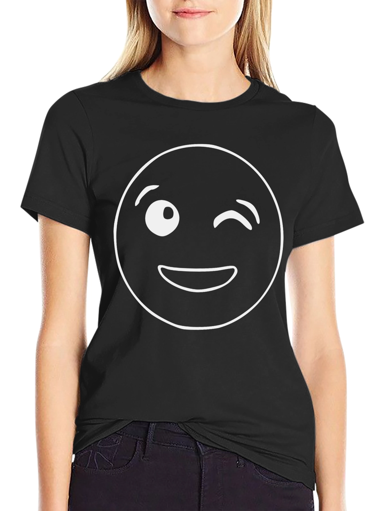 Winking Emoji Graphic Tee - Black Cotton Comfort