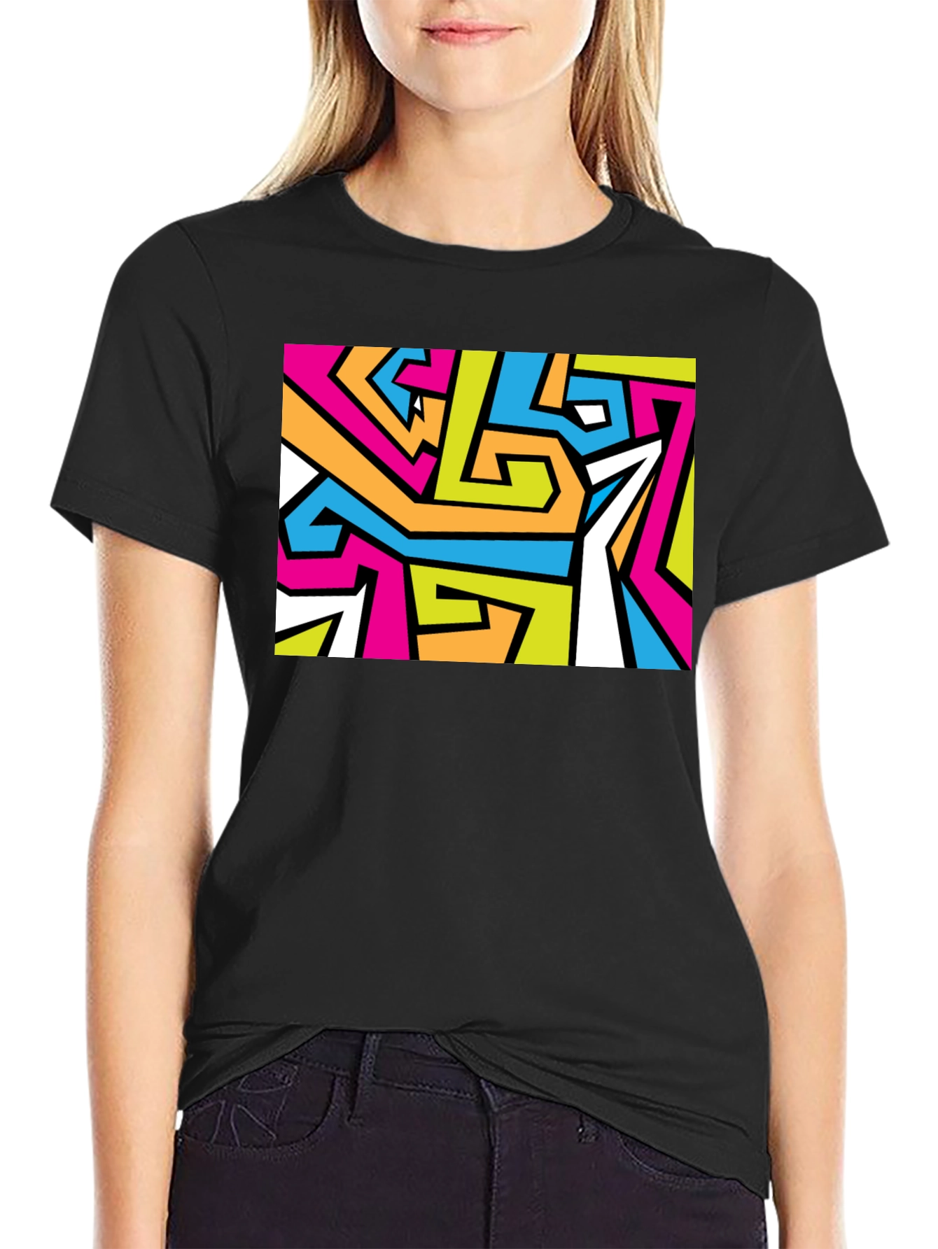 Abstract Geometric Print Black T-Shirt