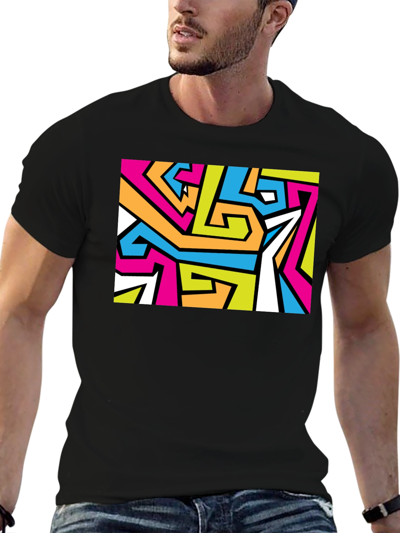 Abstract Geometric Print Black T-Shirt