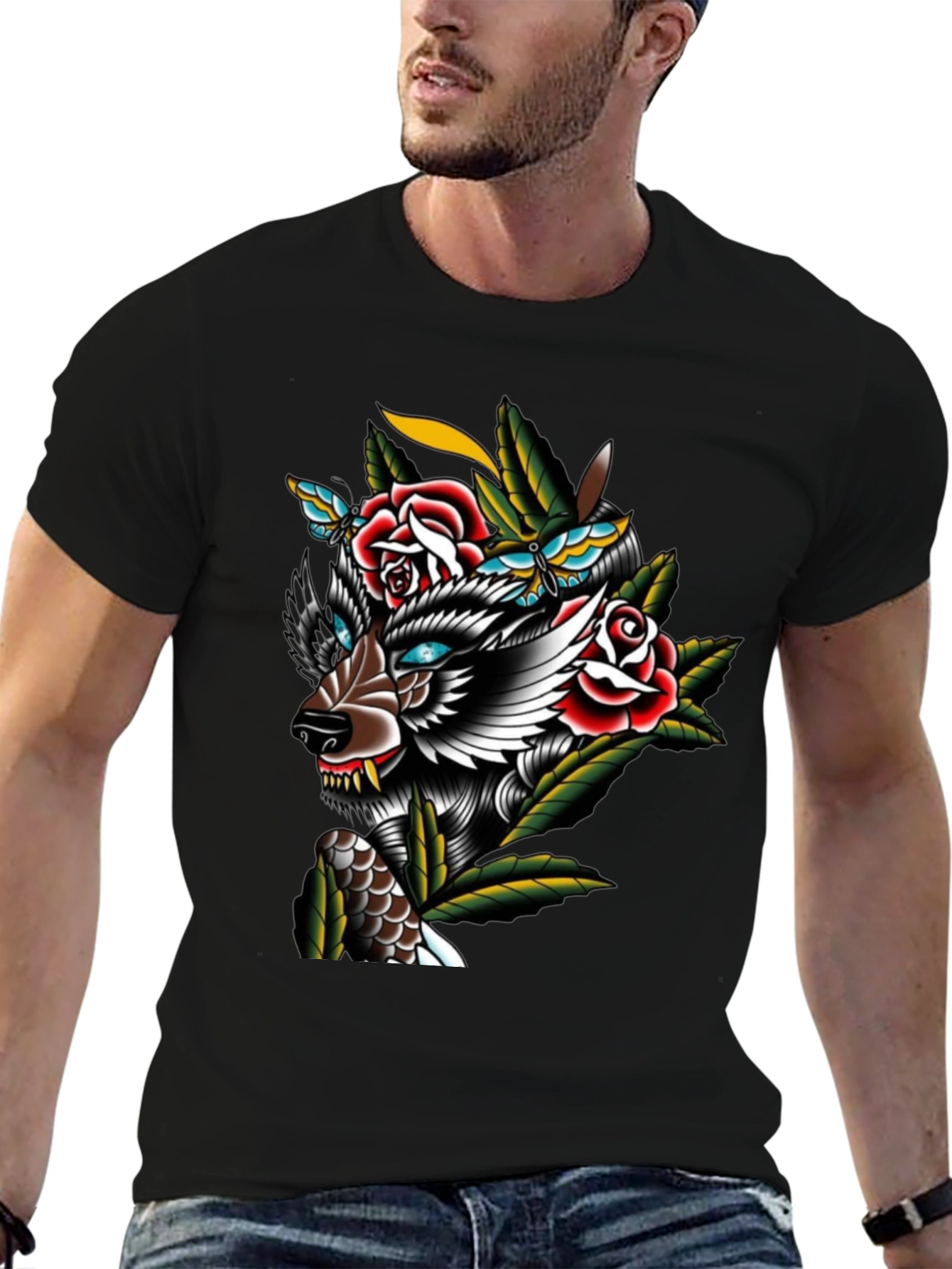 Wolf & Roses Graphic Print T-Shirt