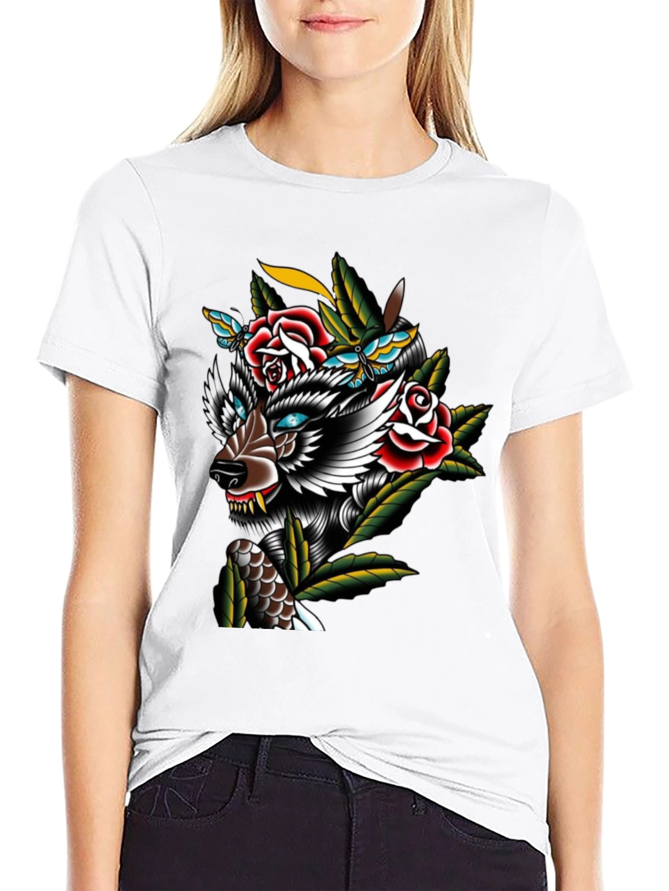 Wolf & Roses Graphic Print T-Shirt