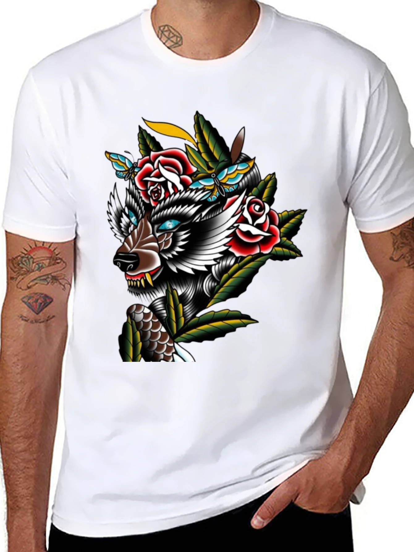 Wolf & Roses Graphic Print T-Shirt