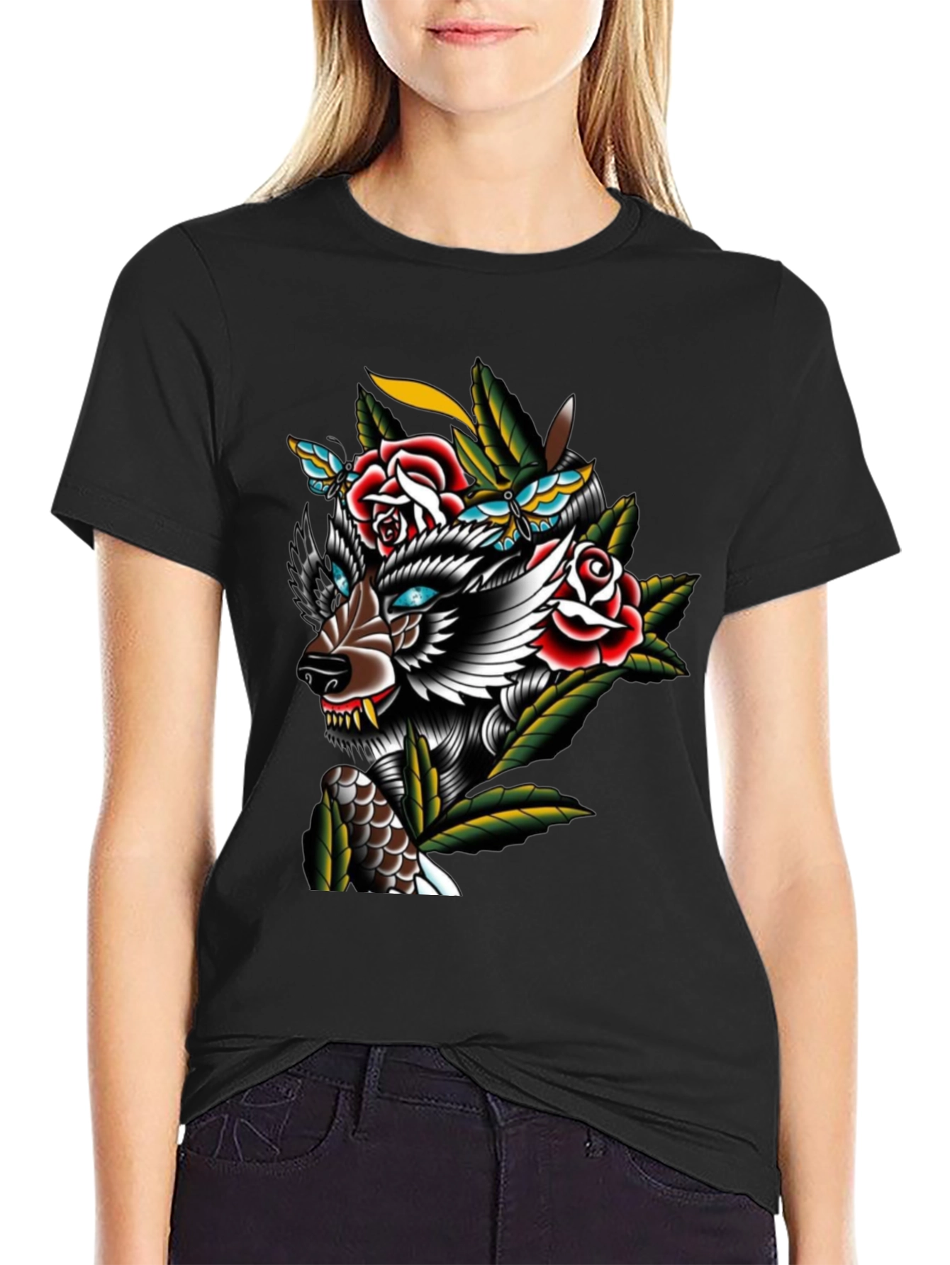 Wolf & Roses Graphic Print T-Shirt