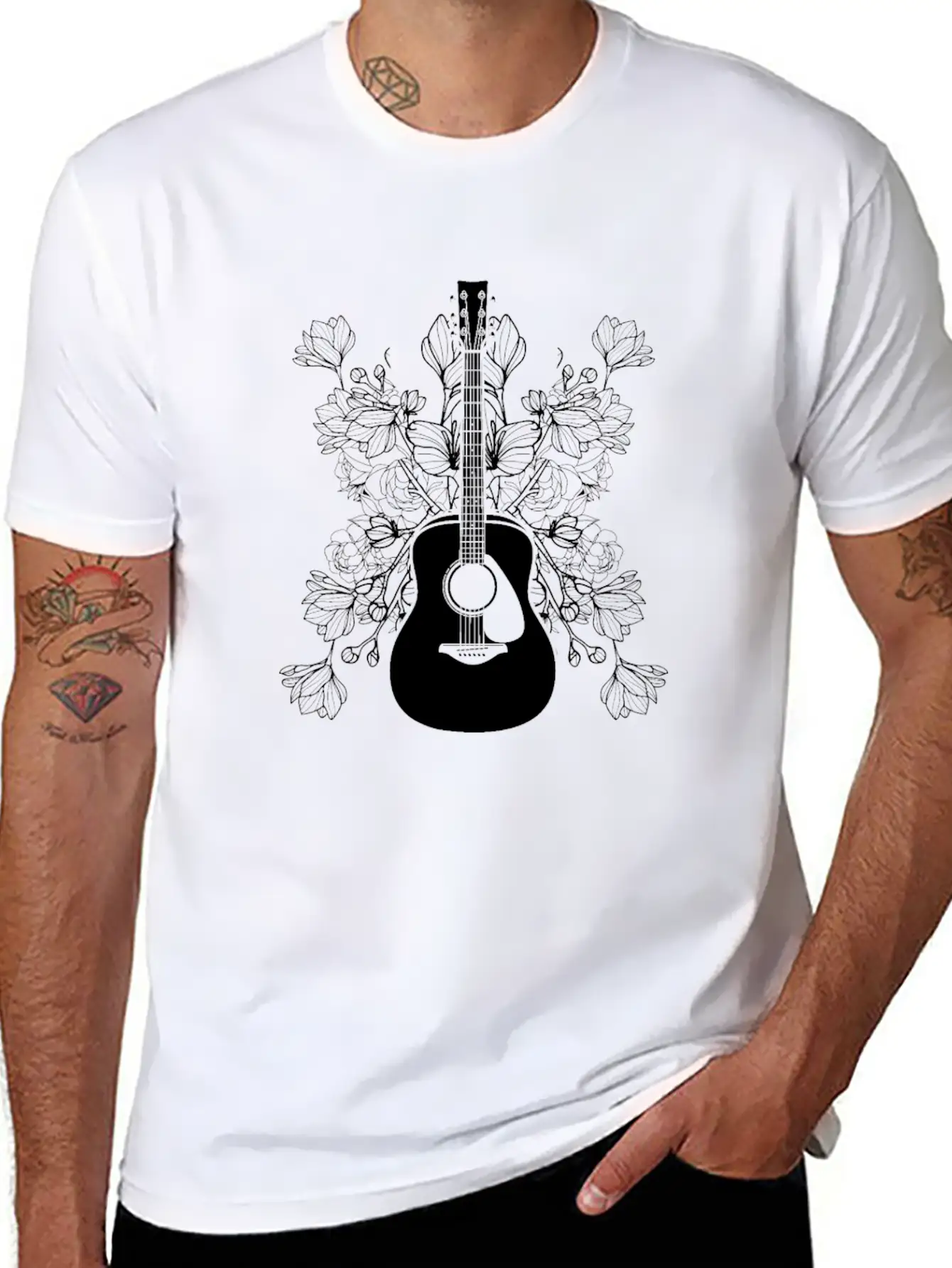 Acoustic Guitar Flowers Timeless Short Sleeve Tee – Comfy And Minimalist Design