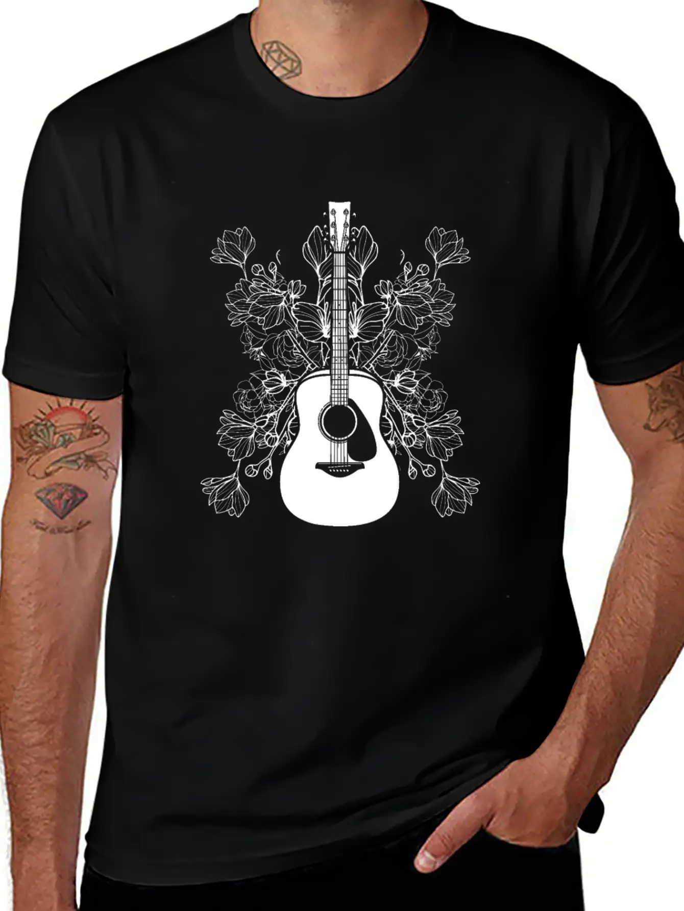 Acoustic Guitar Flowers Timeless Short Sleeve Tee – Comfy And Minimalist Design