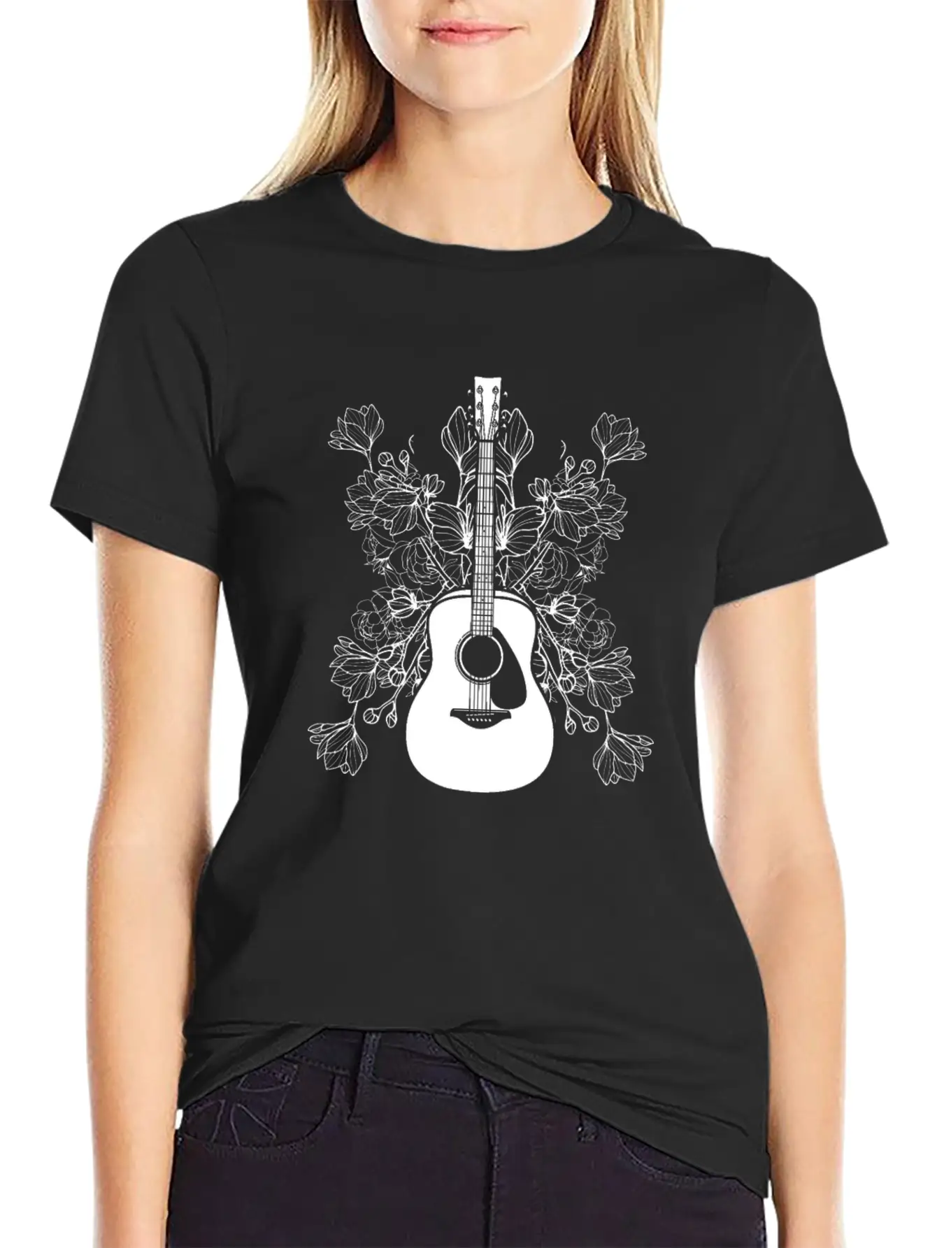 Acoustic Guitar Flowers Timeless Short Sleeve Tee – Comfy And Minimalist Design