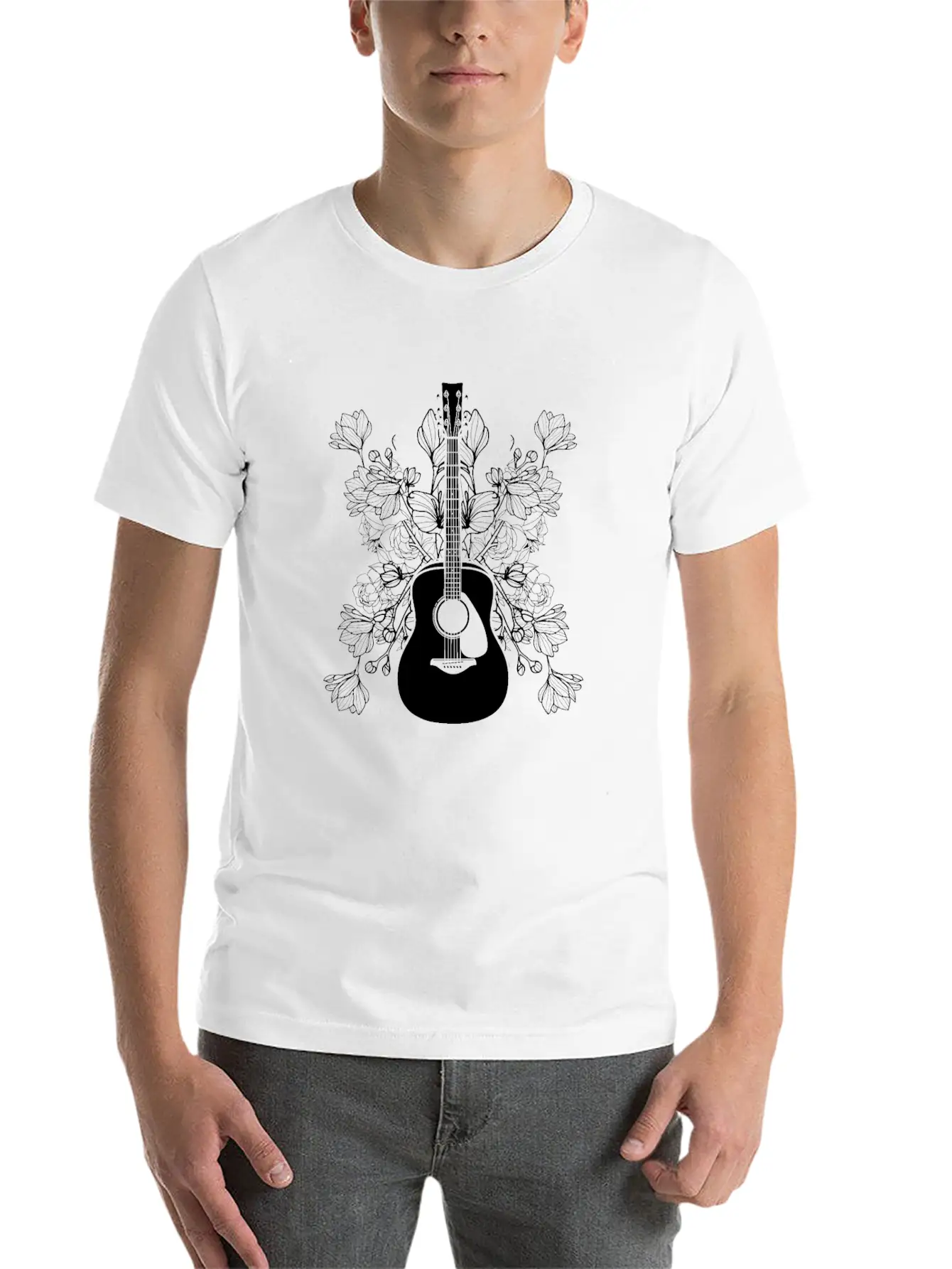 Acoustic Guitar Flowers Timeless Short Sleeve Tee – Comfy And Minimalist Design