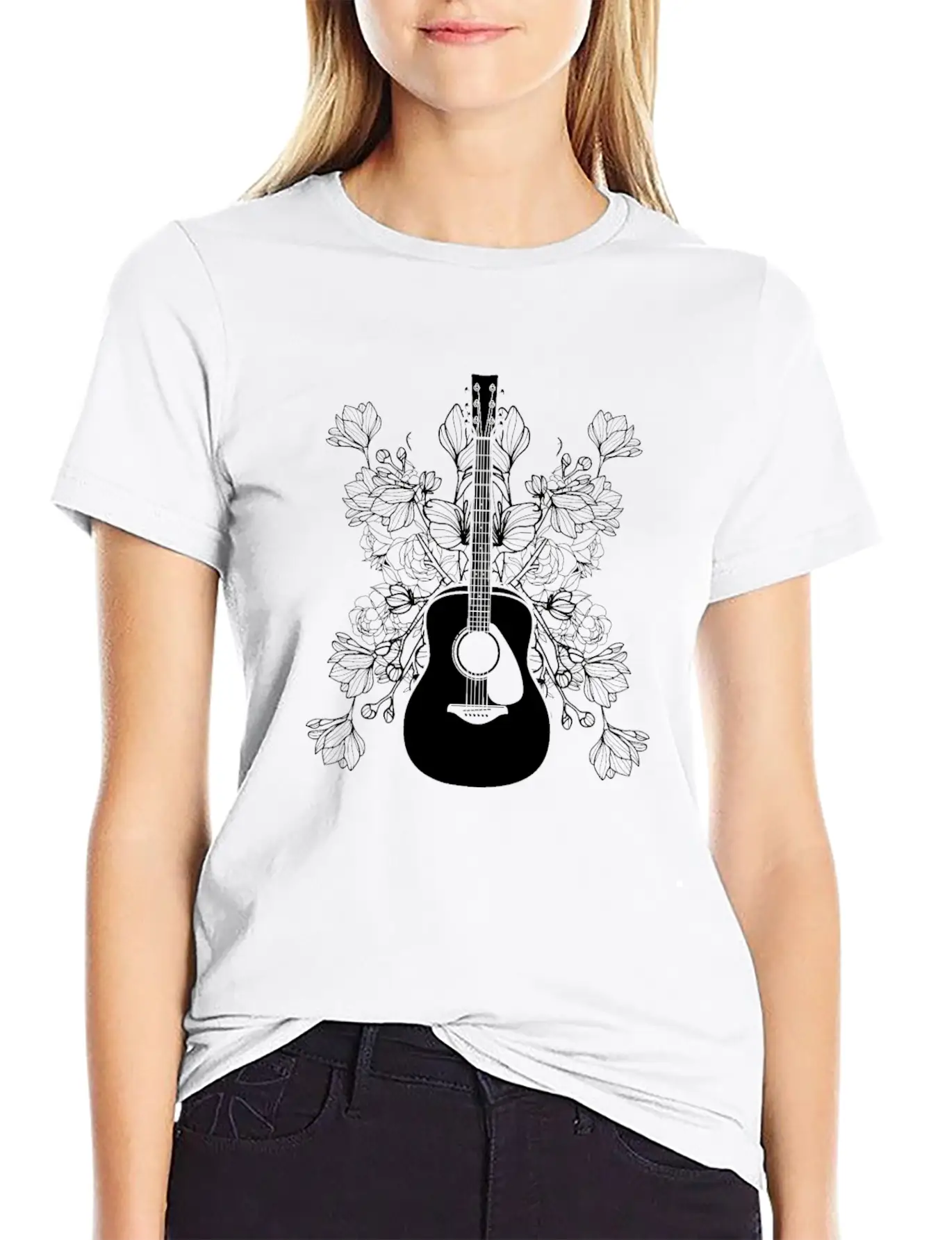 Acoustic Guitar Flowers Timeless Short Sleeve Tee – Comfy And Minimalist Design