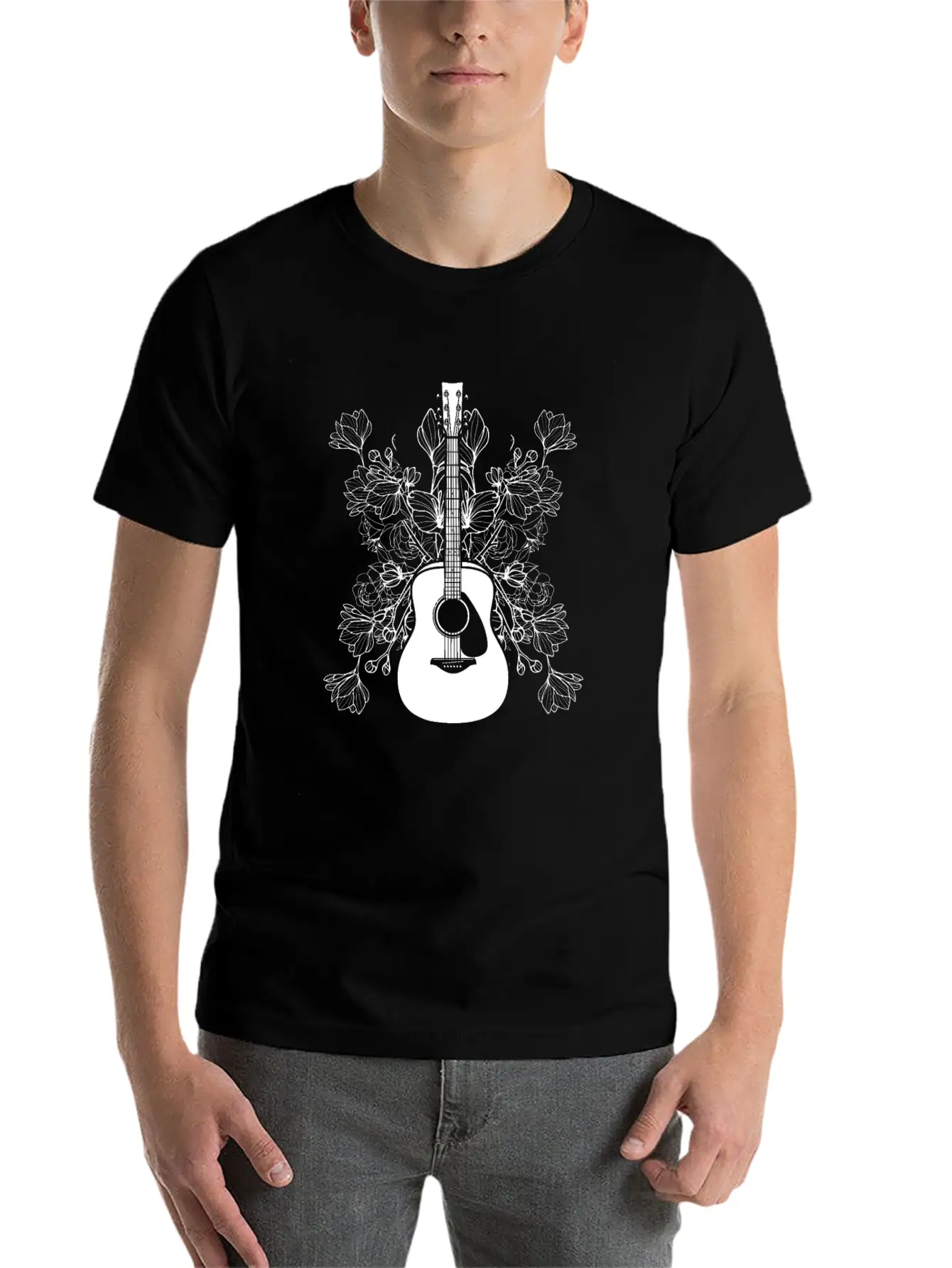 Acoustic Guitar Flowers Timeless Short Sleeve Tee – Comfy And Minimalist Design