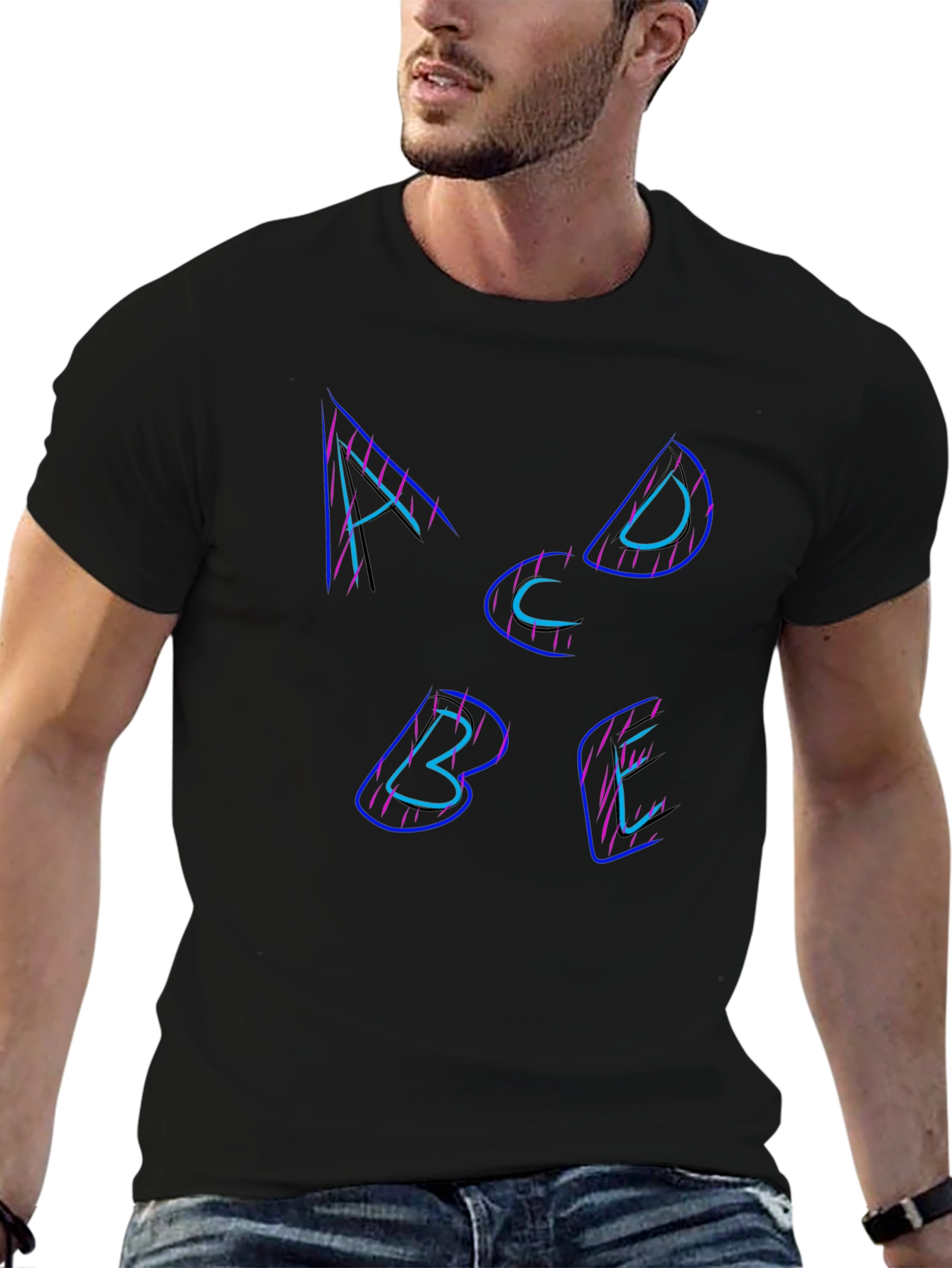 Alphabet Neon Graphic Tee - Black Cotton T-Shirt