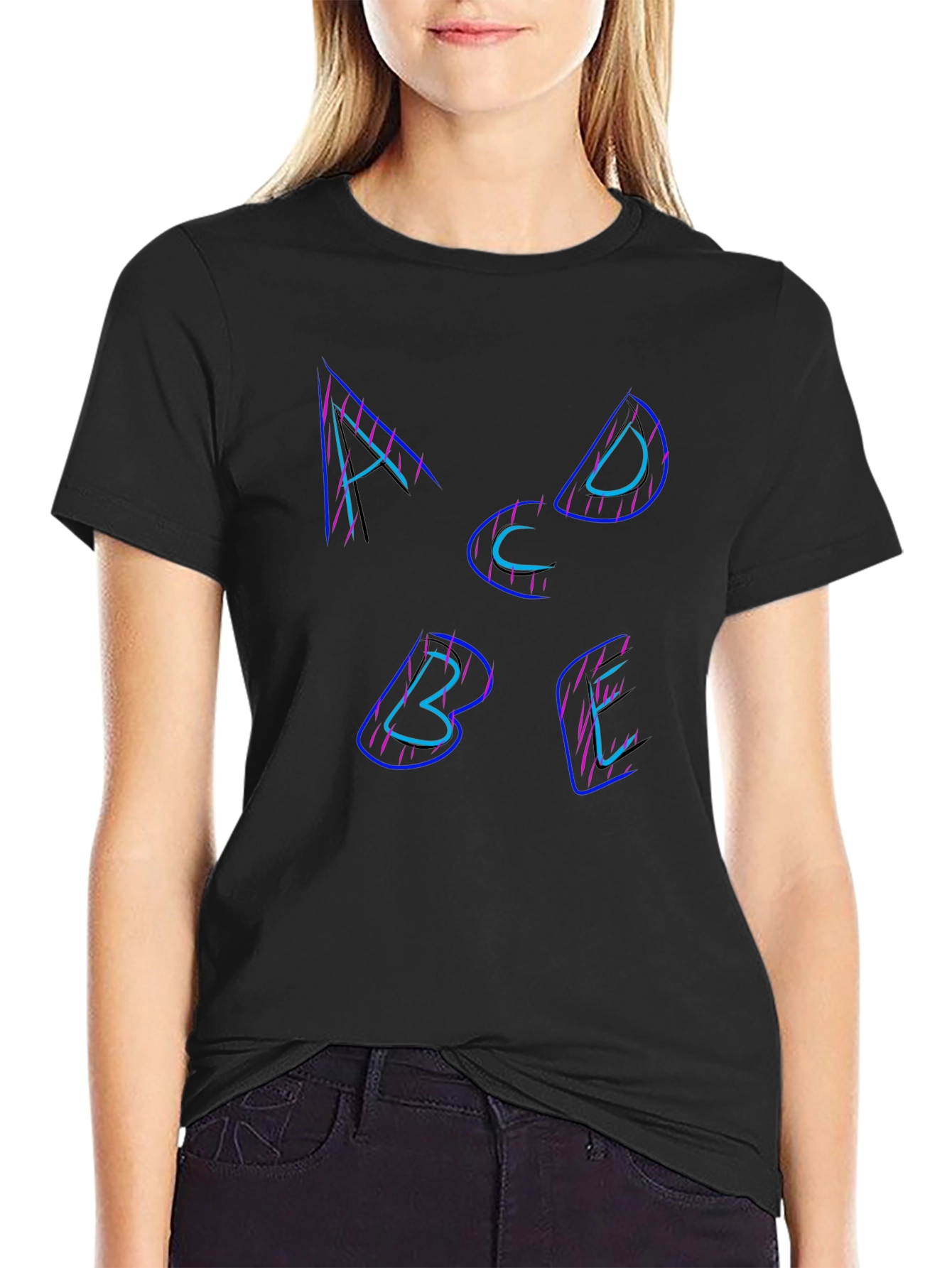 Alphabet Neon Graphic Tee - Black Cotton T-Shirt