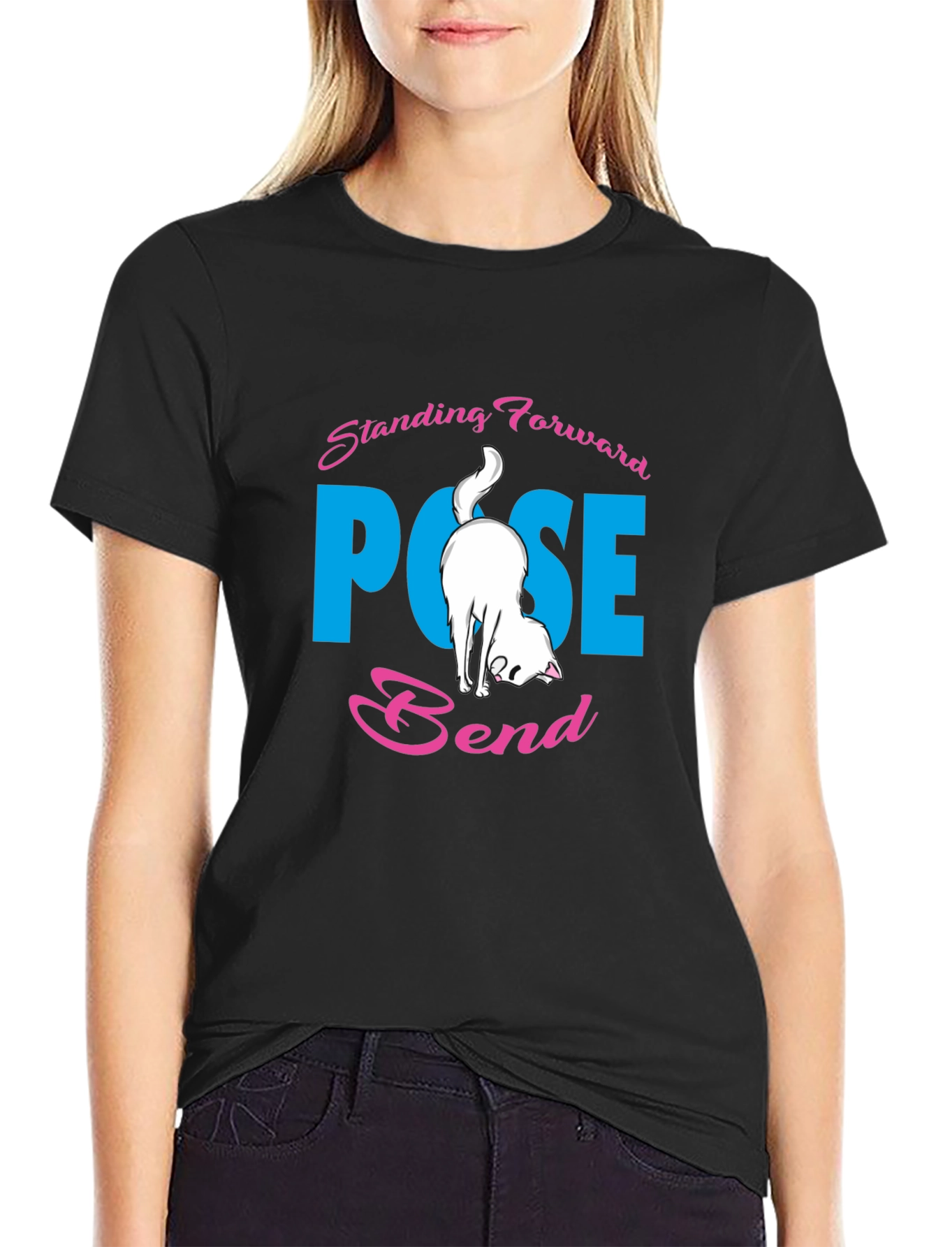 Yoga Cat Black T-Shirt: Forward Bend Pose