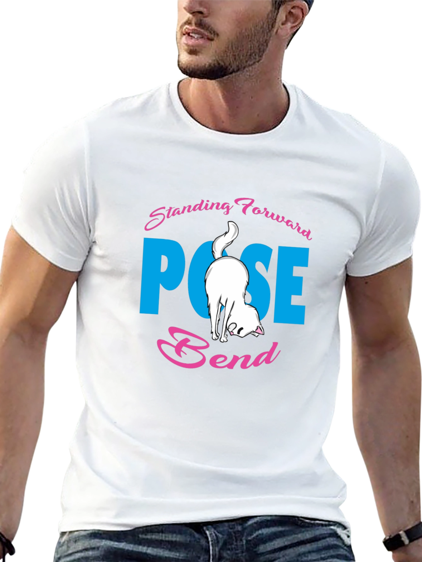 Yoga Cat Black T-Shirt: Forward Bend Pose