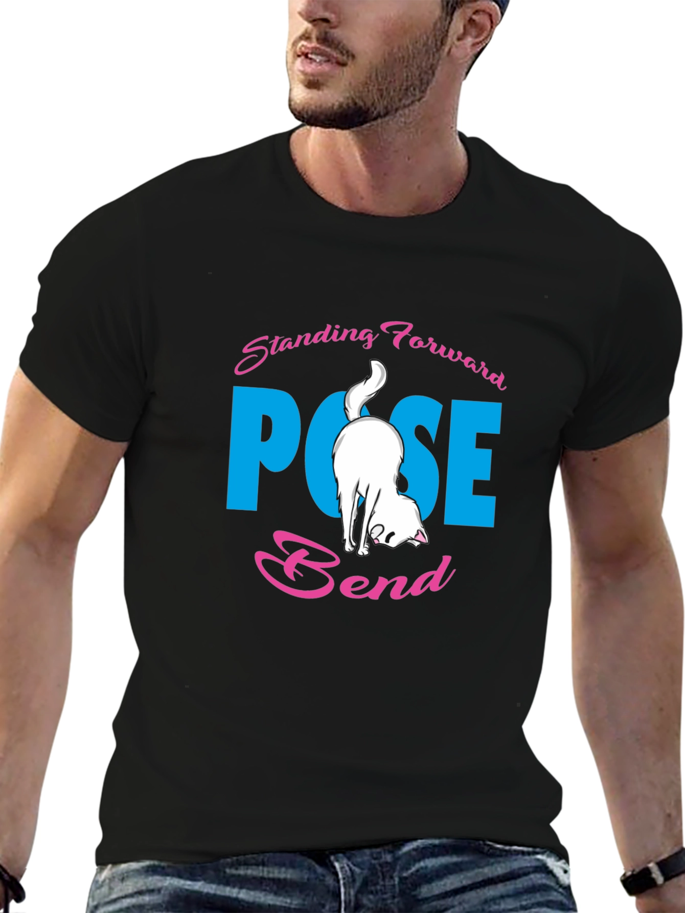 Yoga Cat Black T-Shirt: Forward Bend Pose