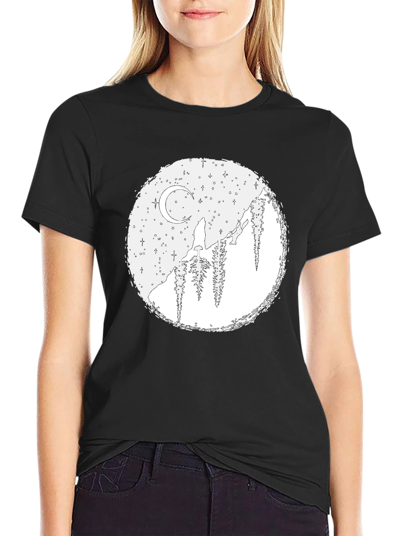 Wolf Moon Graphic Tee - Black Cotton Blend