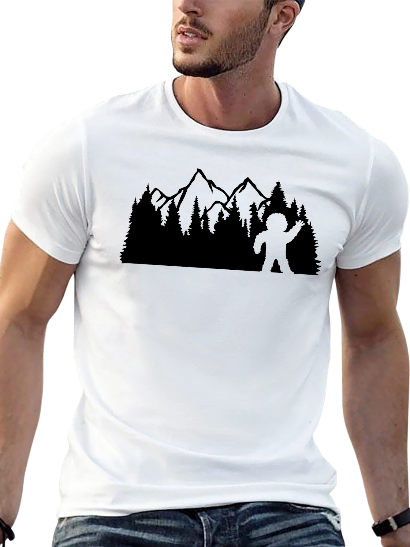 Sasquatch Waving T-Shirt: Forest & Mountain Design