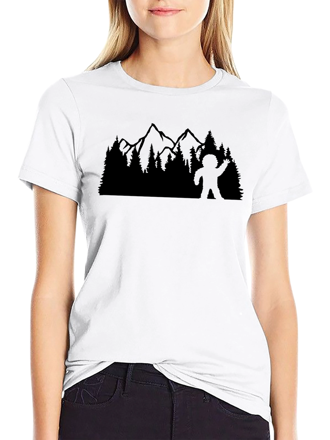 Sasquatch Waving T-Shirt: Forest & Mountain Design