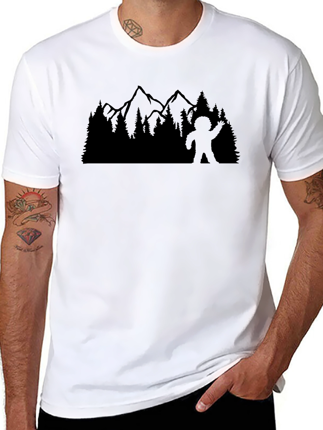Sasquatch Waving T-Shirt: Forest & Mountain Design