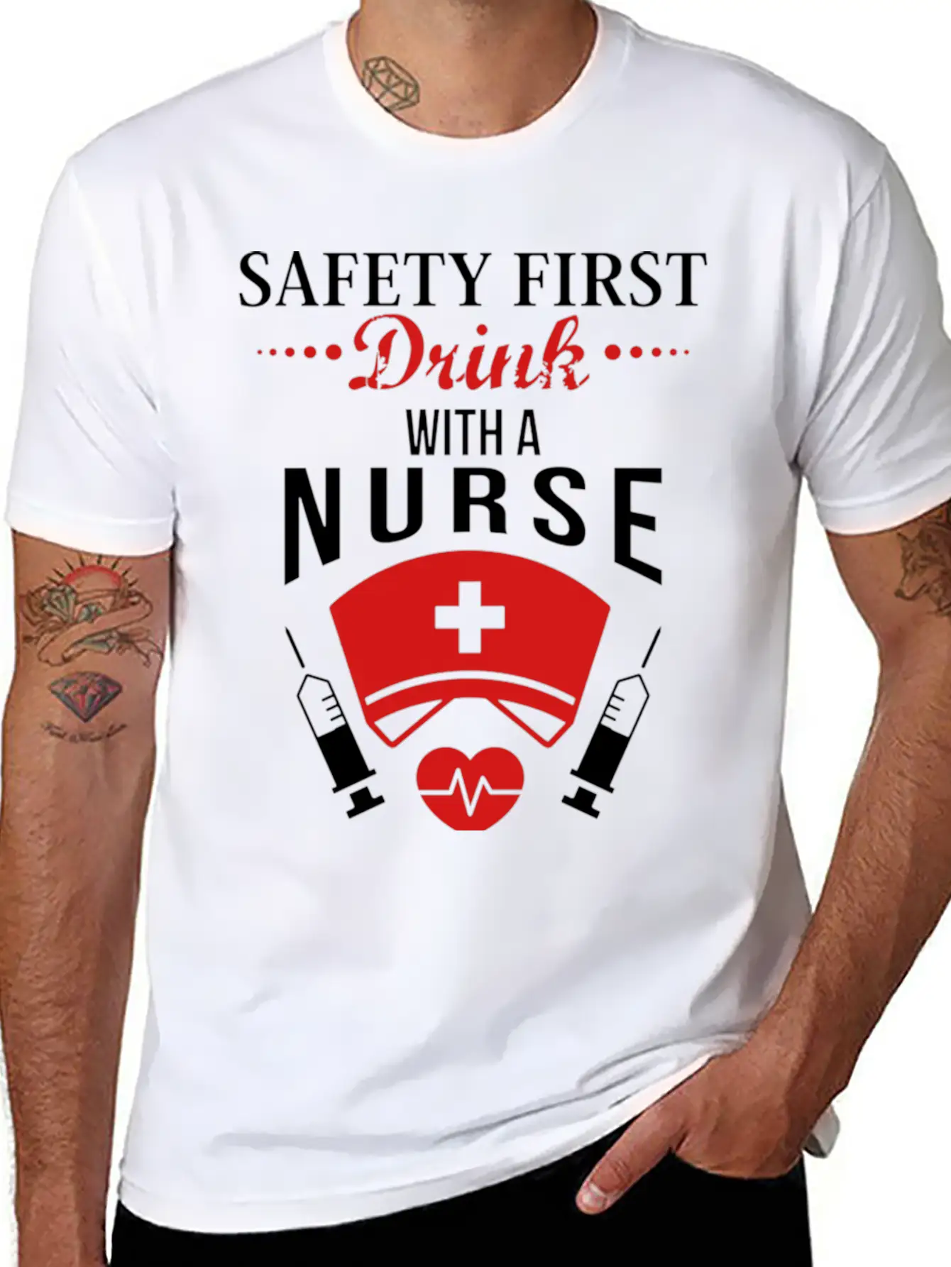 Safety First Drink With Nurse JOb Timeless Short Sleeve Tee – Comfy And Minimalist Design