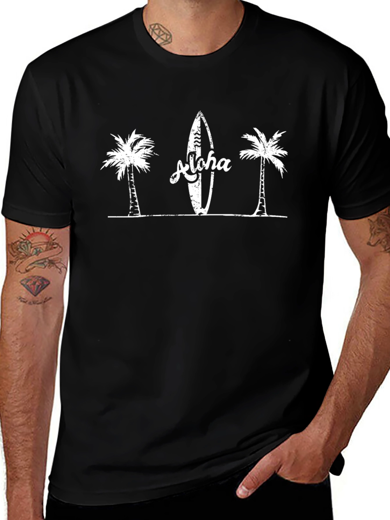 Aloha Palm Tree Surfboard Graphic Tee - Black