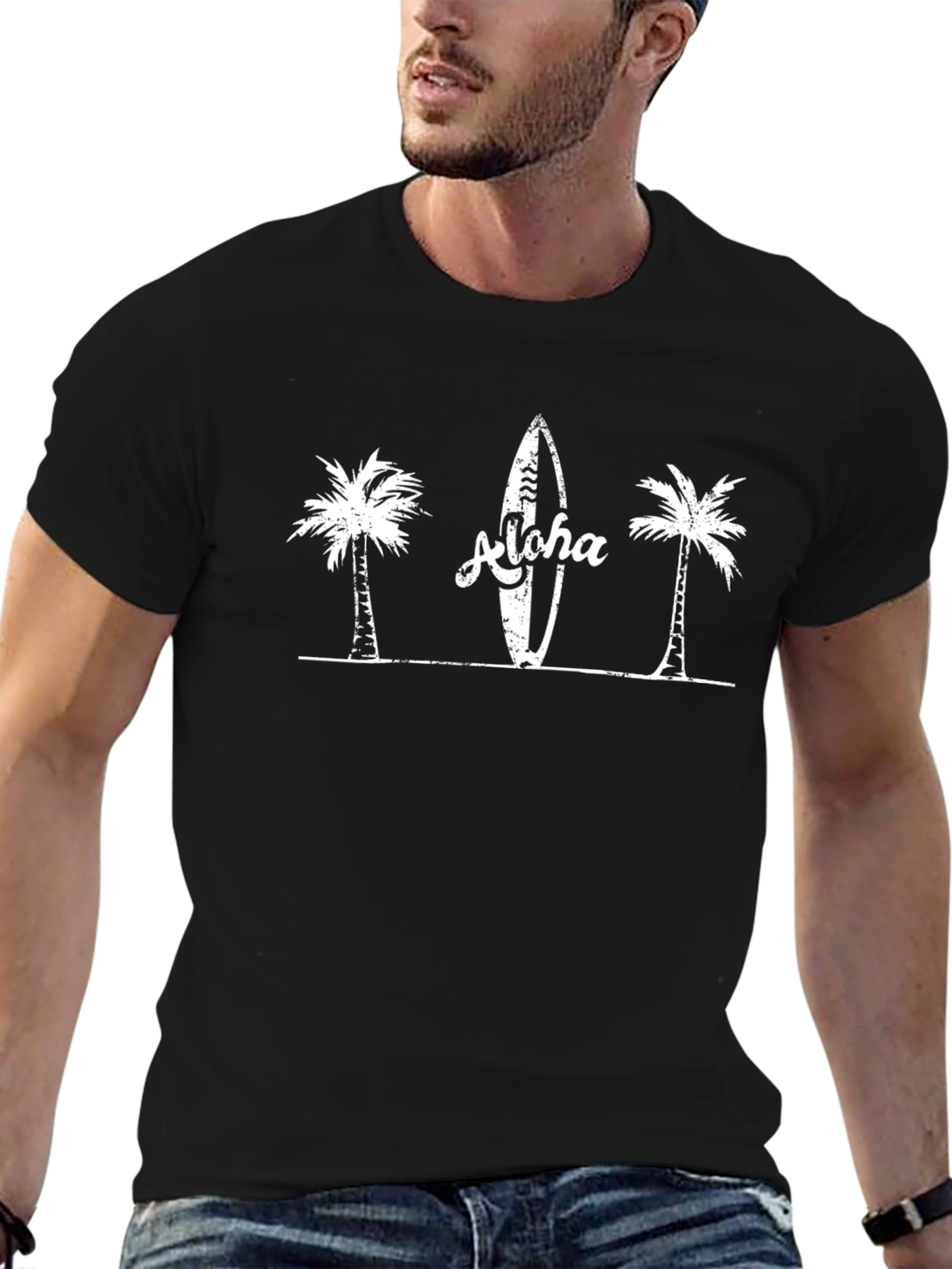 Aloha Palm Tree Surfboard Graphic Tee - Black