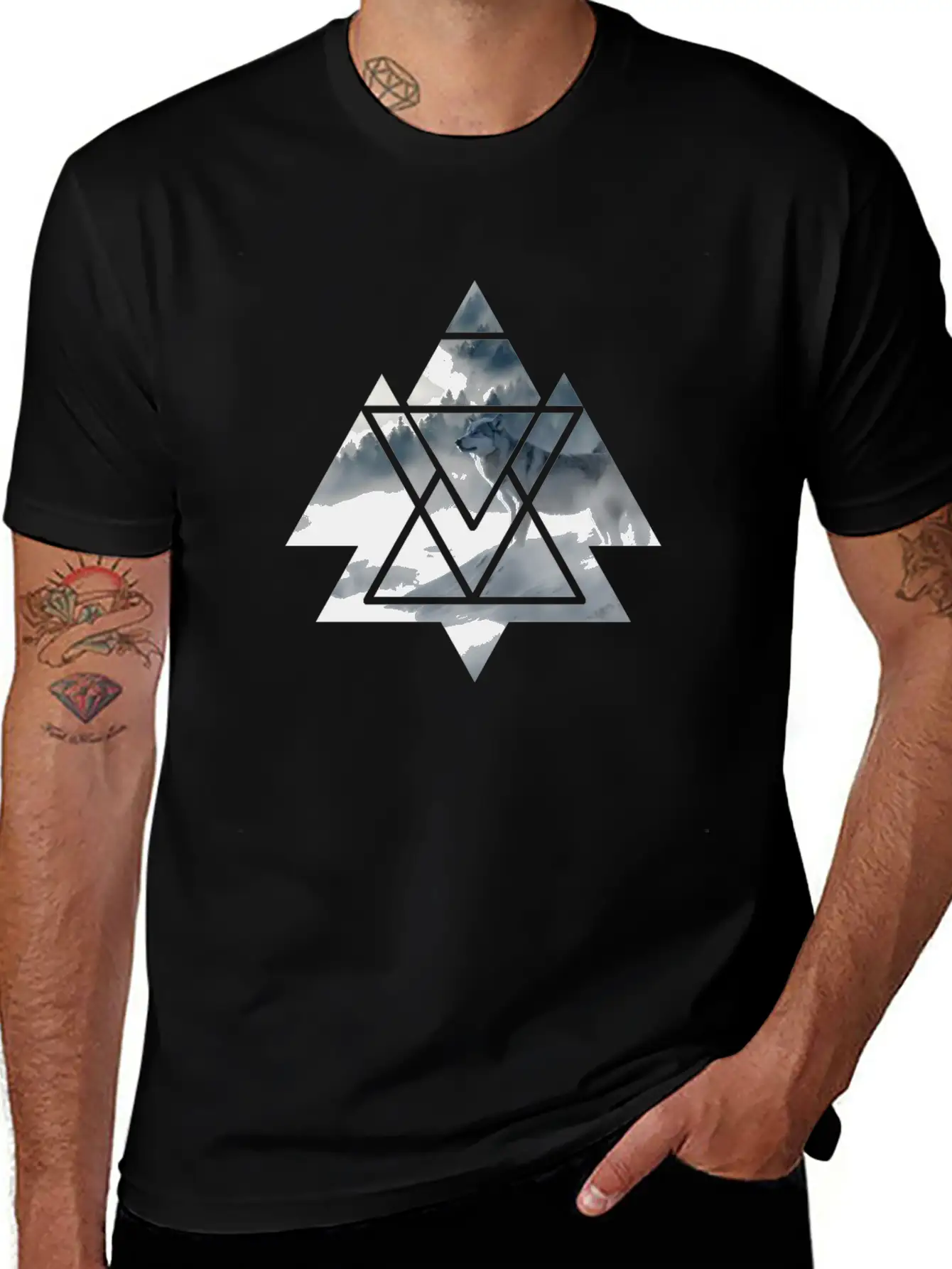 Wolf Geometry Triangle Ice World Winter Casual Graphic T-Shirt – Simple And Comfortable Daily Wear