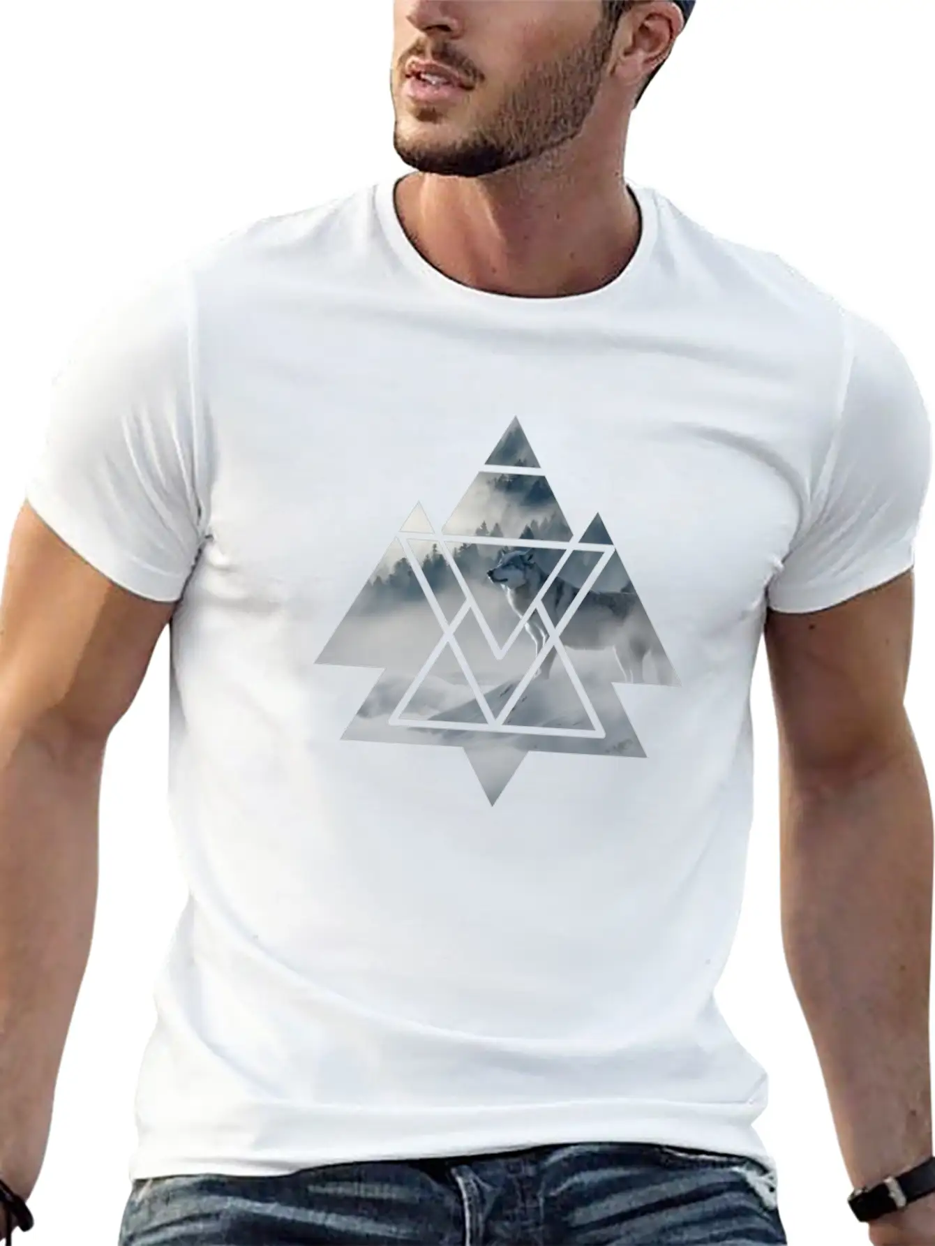 Wolf Geometry Triangle Ice World Winter Casual Graphic T-Shirt – Simple And Comfortable Daily Wear