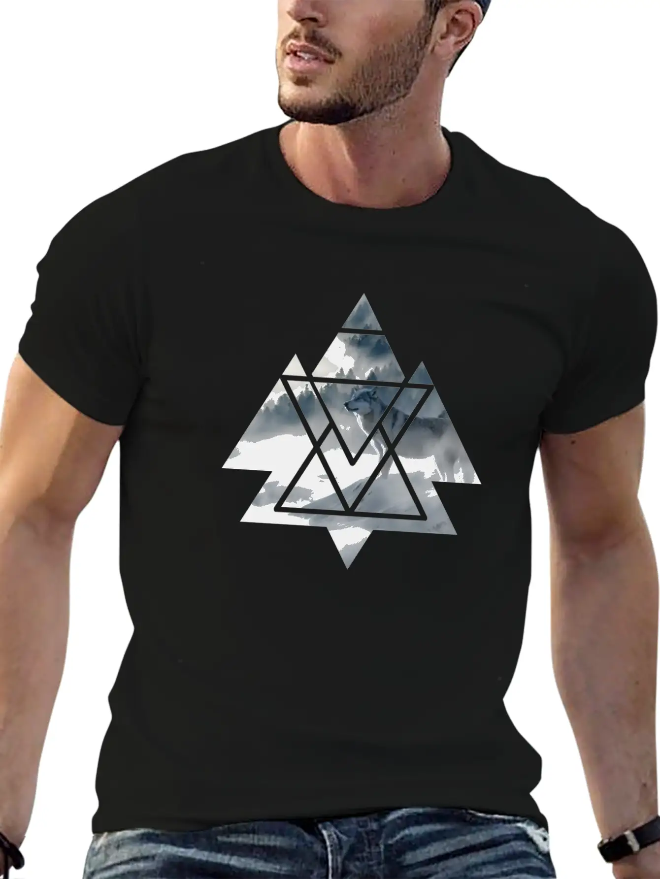Wolf Geometry Triangle Ice World Winter Casual Graphic T-Shirt – Simple And Comfortable Daily Wear
