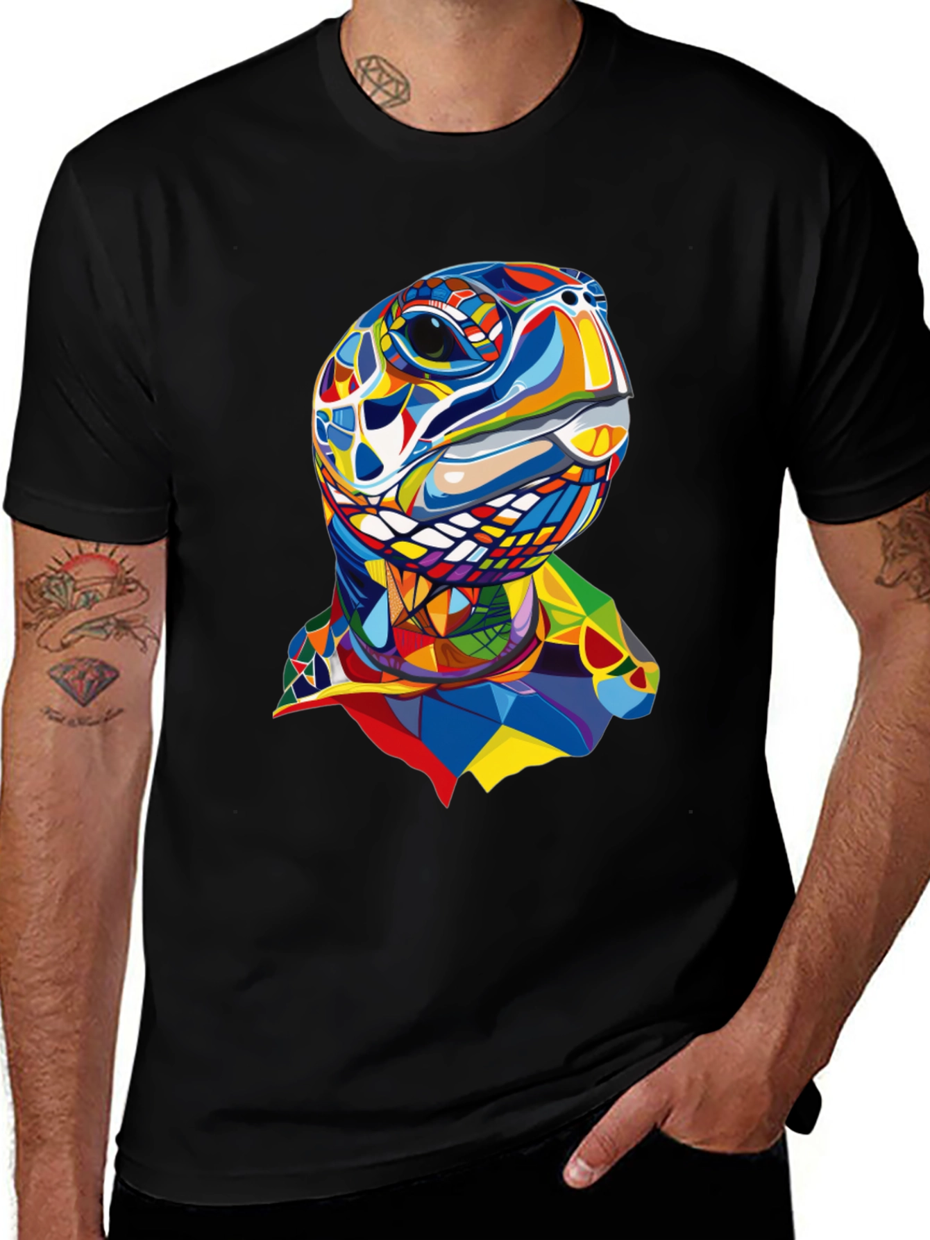 Abstract Turtle Graphic Tee - Stylish Mens Black T-Shirt