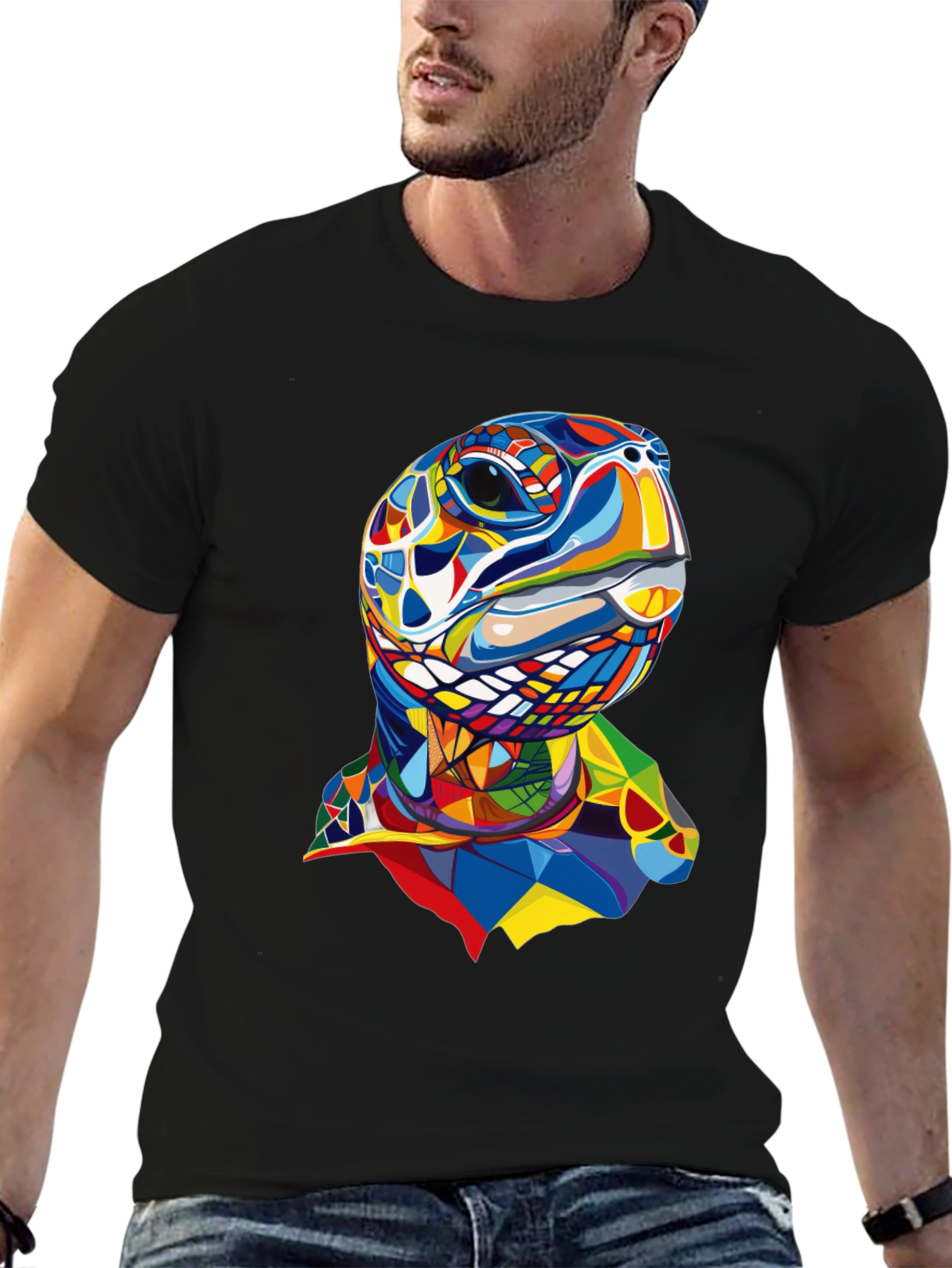 Abstract Turtle Graphic Tee - Stylish Mens Black T-Shirt