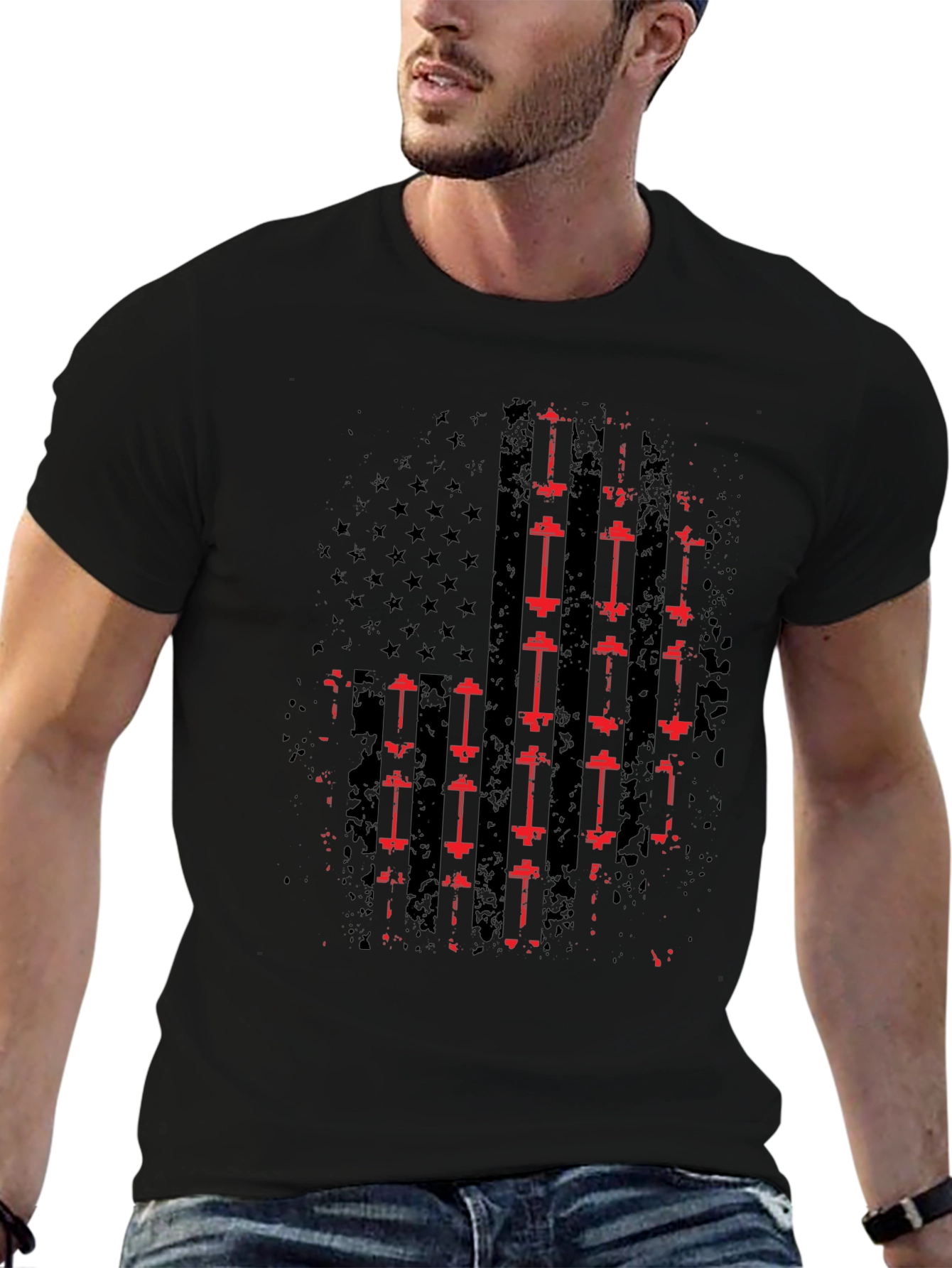 American Flag Barbell T-Shirt - Patriotic Gym Wear