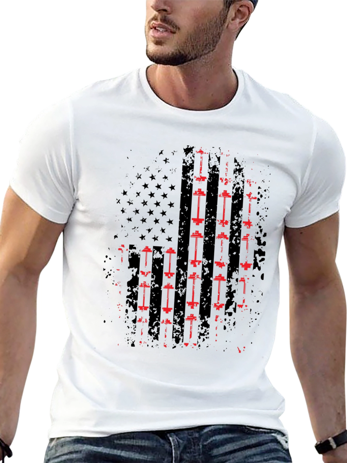 American Flag Barbell T-Shirt - Patriotic Gym Wear