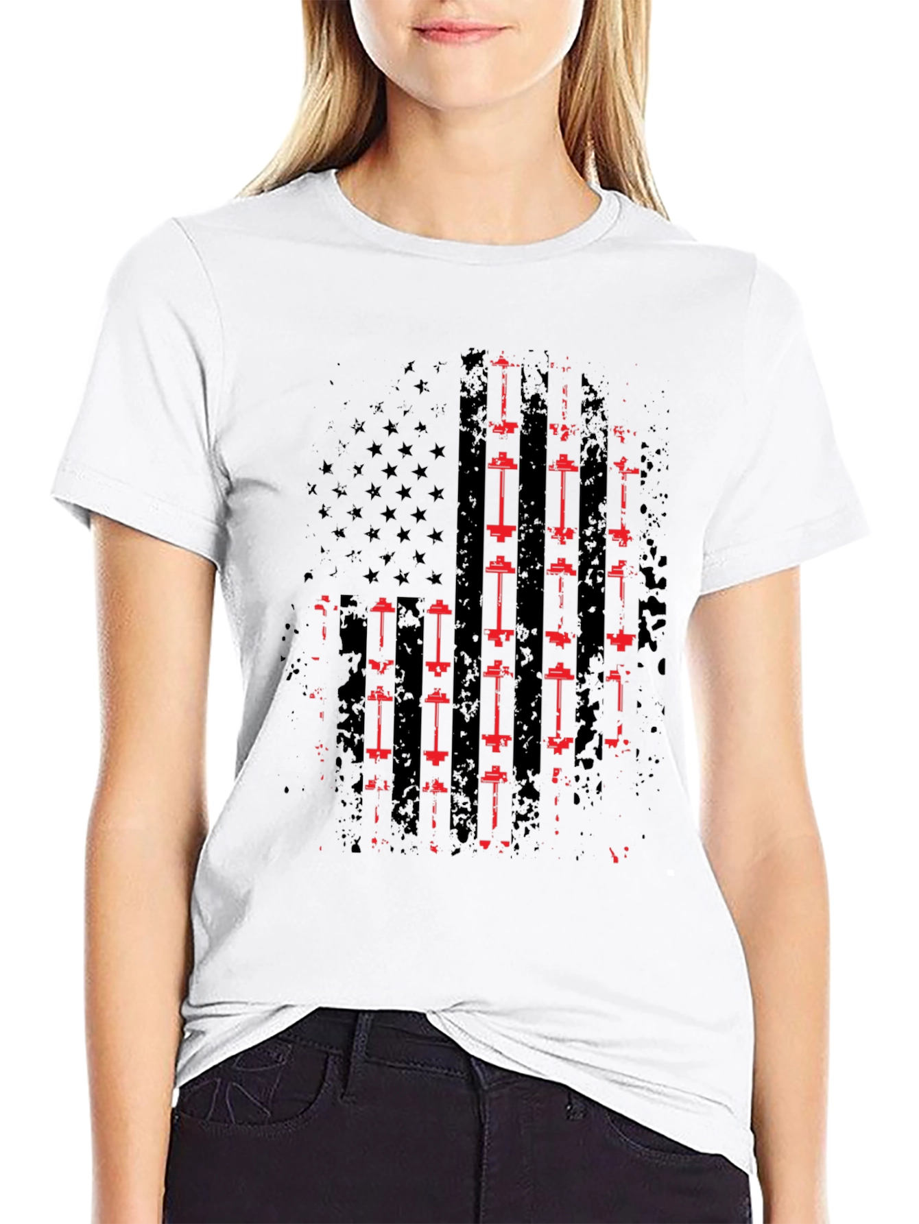 American Flag Barbell T-Shirt - Patriotic Gym Wear