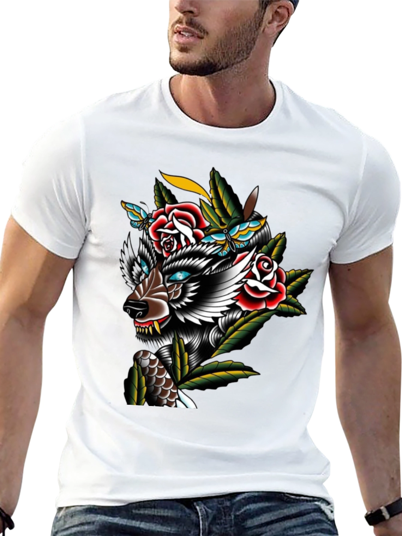 Wolf & Roses Graphic Print T-Shirt