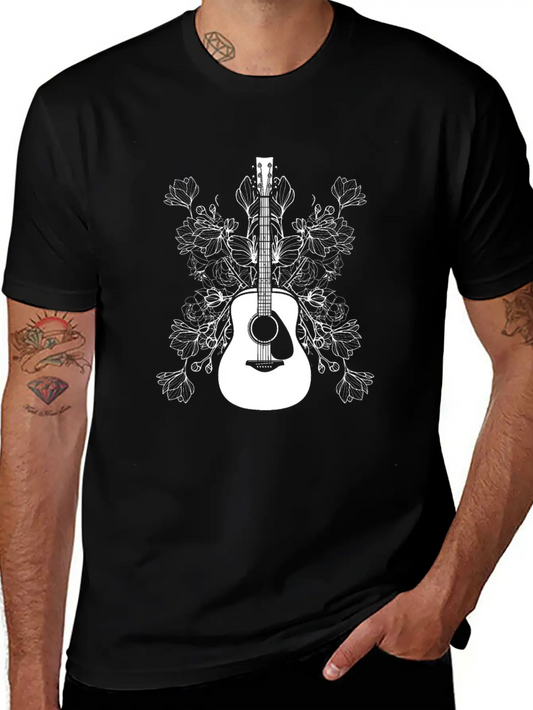 Acoustic Guitar Flowers Timeless Short Sleeve Tee – Comfy And Minimalist Design