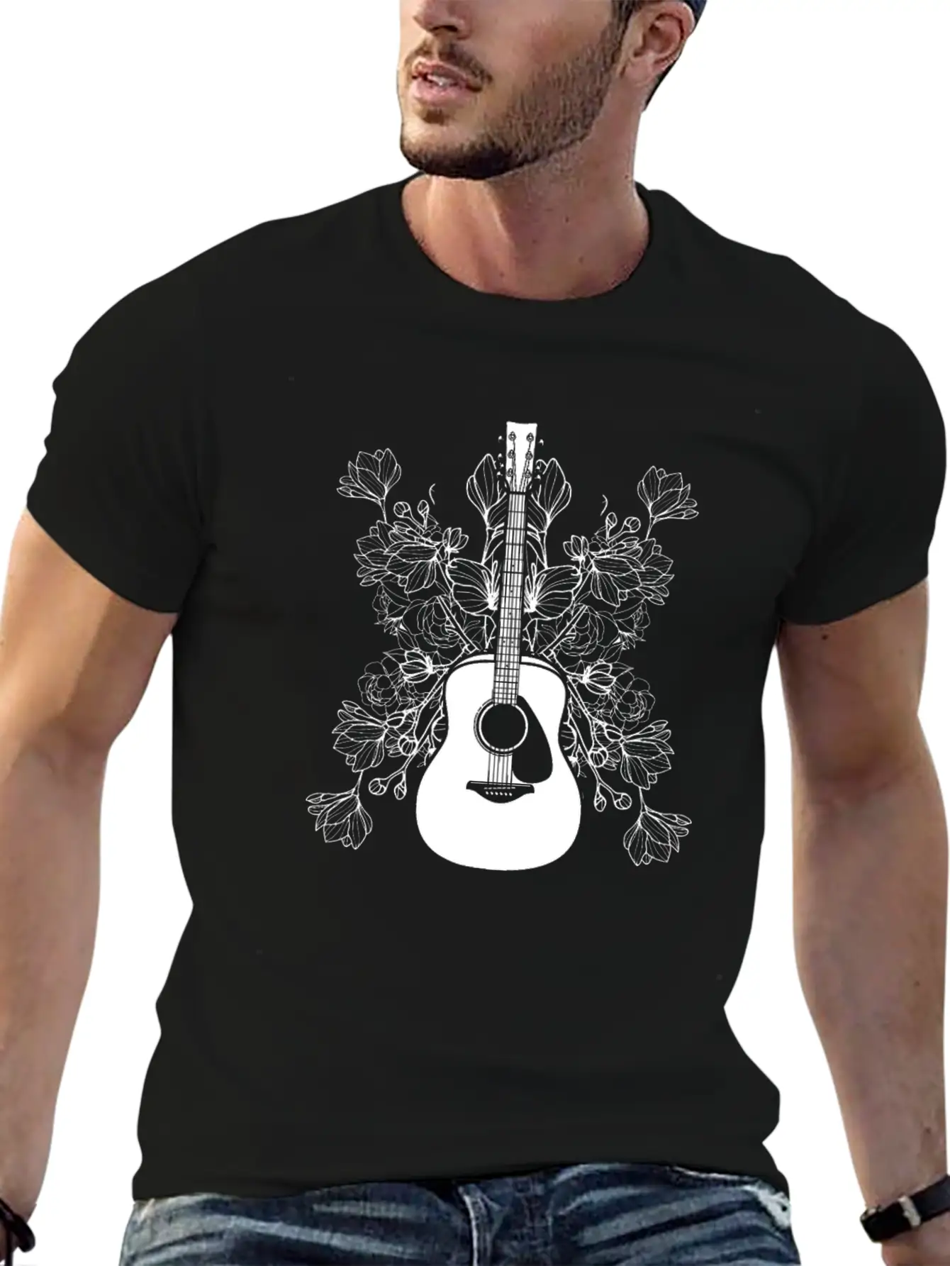 Acoustic Guitar Flowers Timeless Short Sleeve Tee – Comfy And Minimalist Design