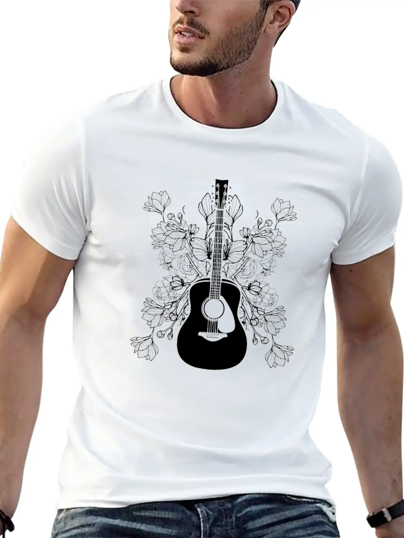Acoustic Guitar Flowers Timeless Short Sleeve Tee – Comfy And Minimalist Design
