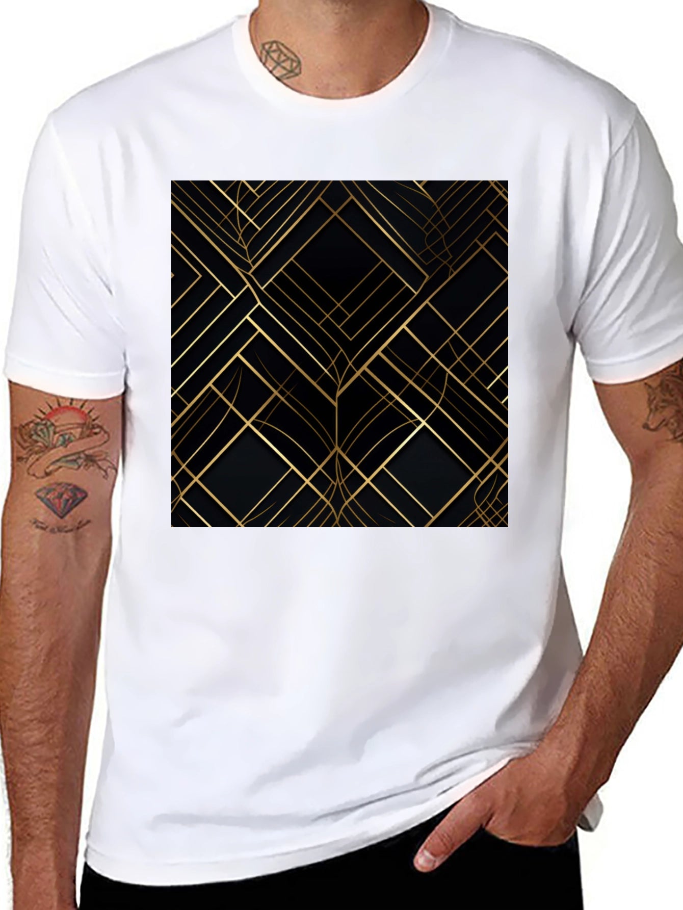 Abstract Geometric Pattern Tee - Gold on Black