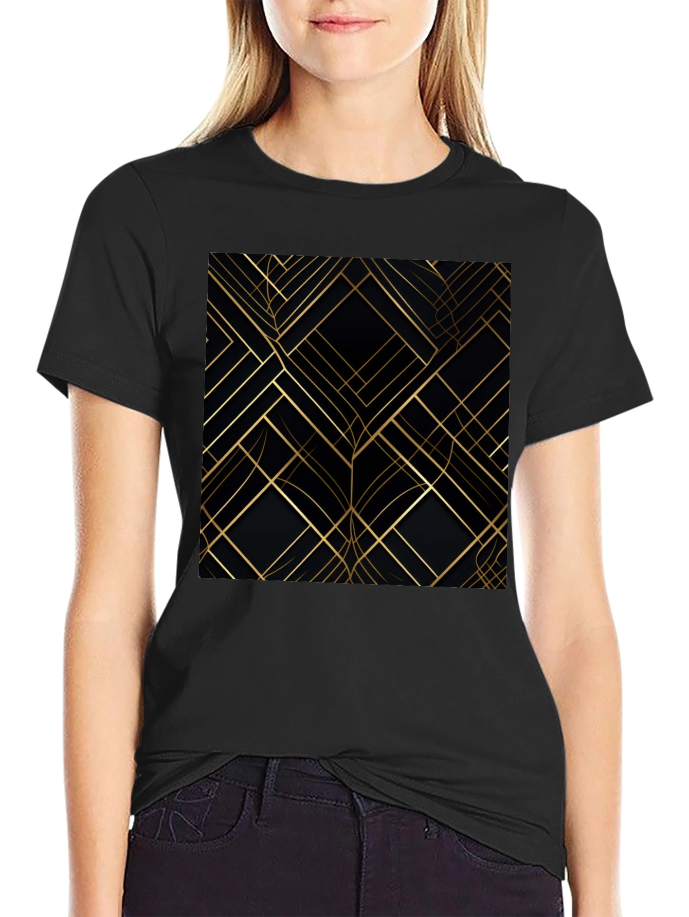 Abstract Geometric Pattern Tee - Gold on Black