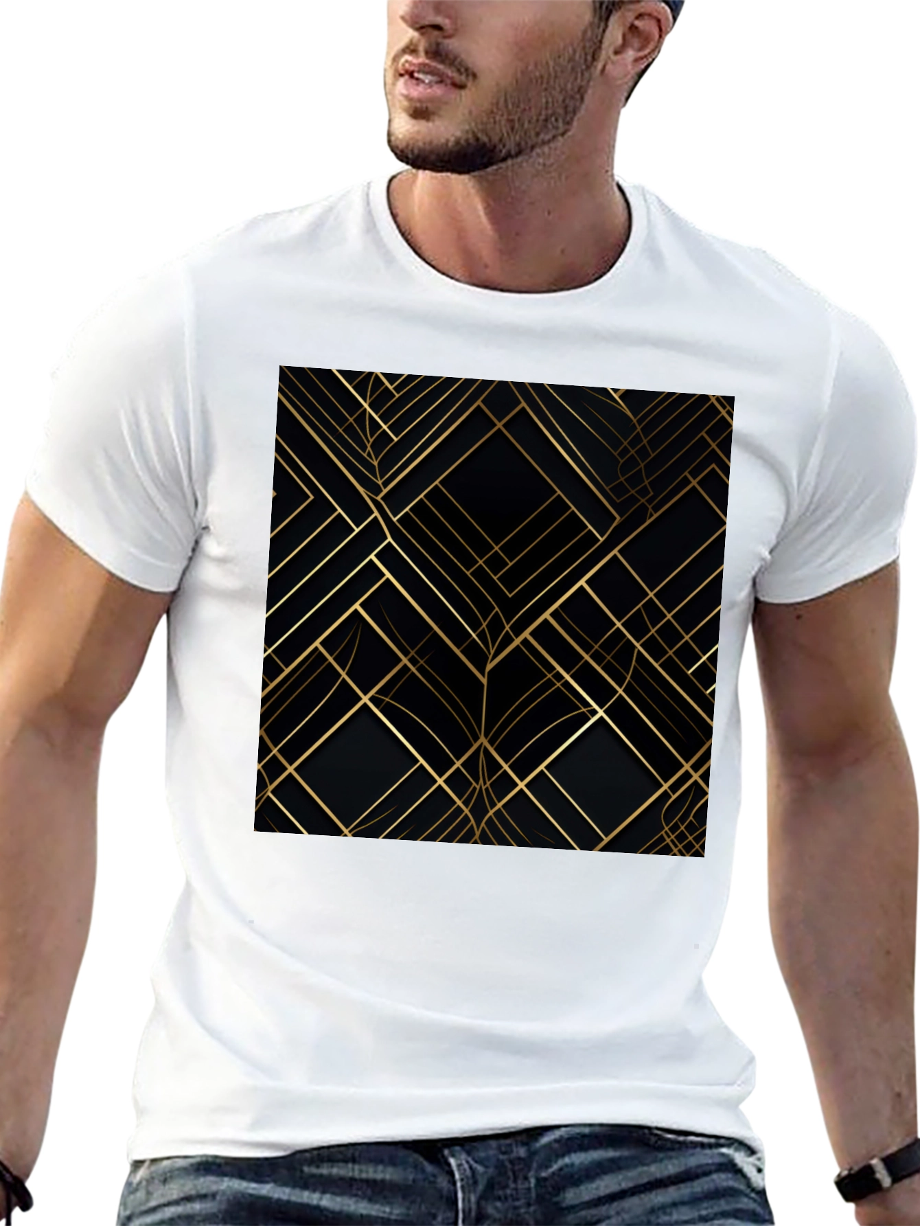 Abstract Geometric Pattern Tee - Gold on Black