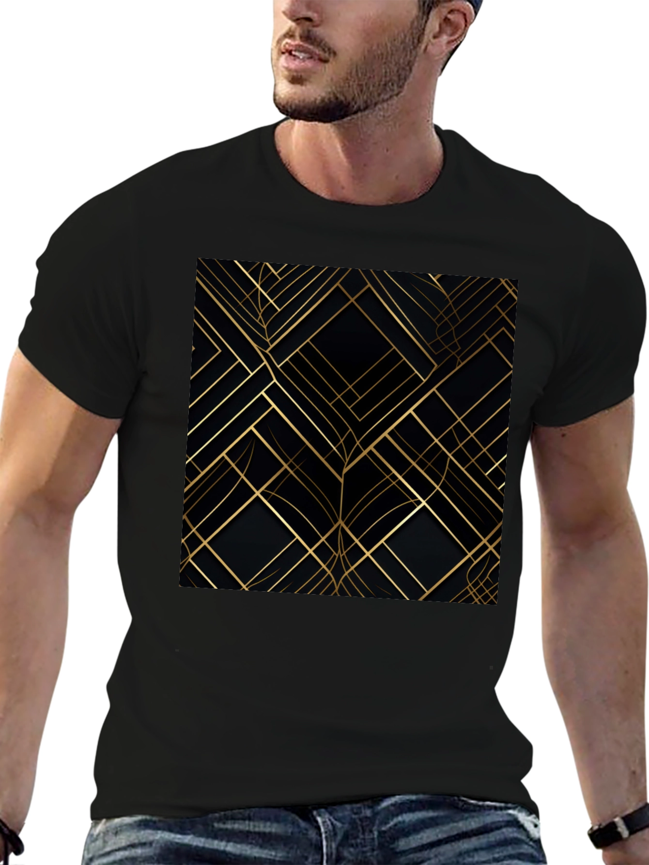 Abstract Geometric Pattern Tee - Gold on Black